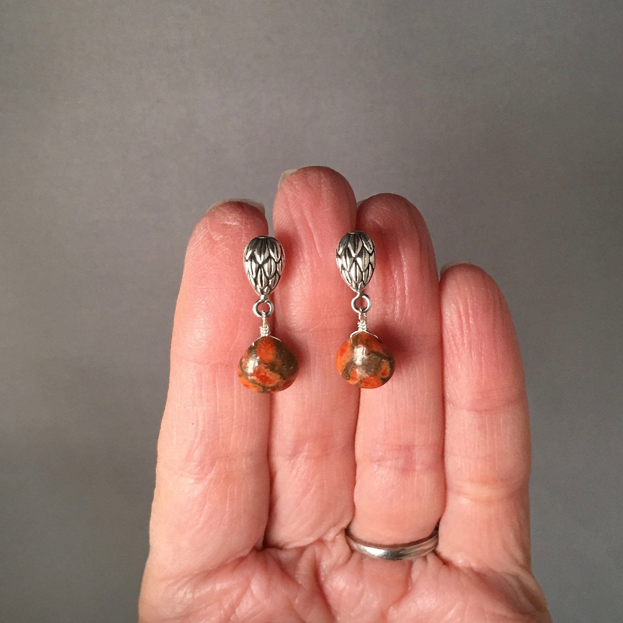 Orange Copper Turquoise Teardrop Post Earrings on Bali Silver