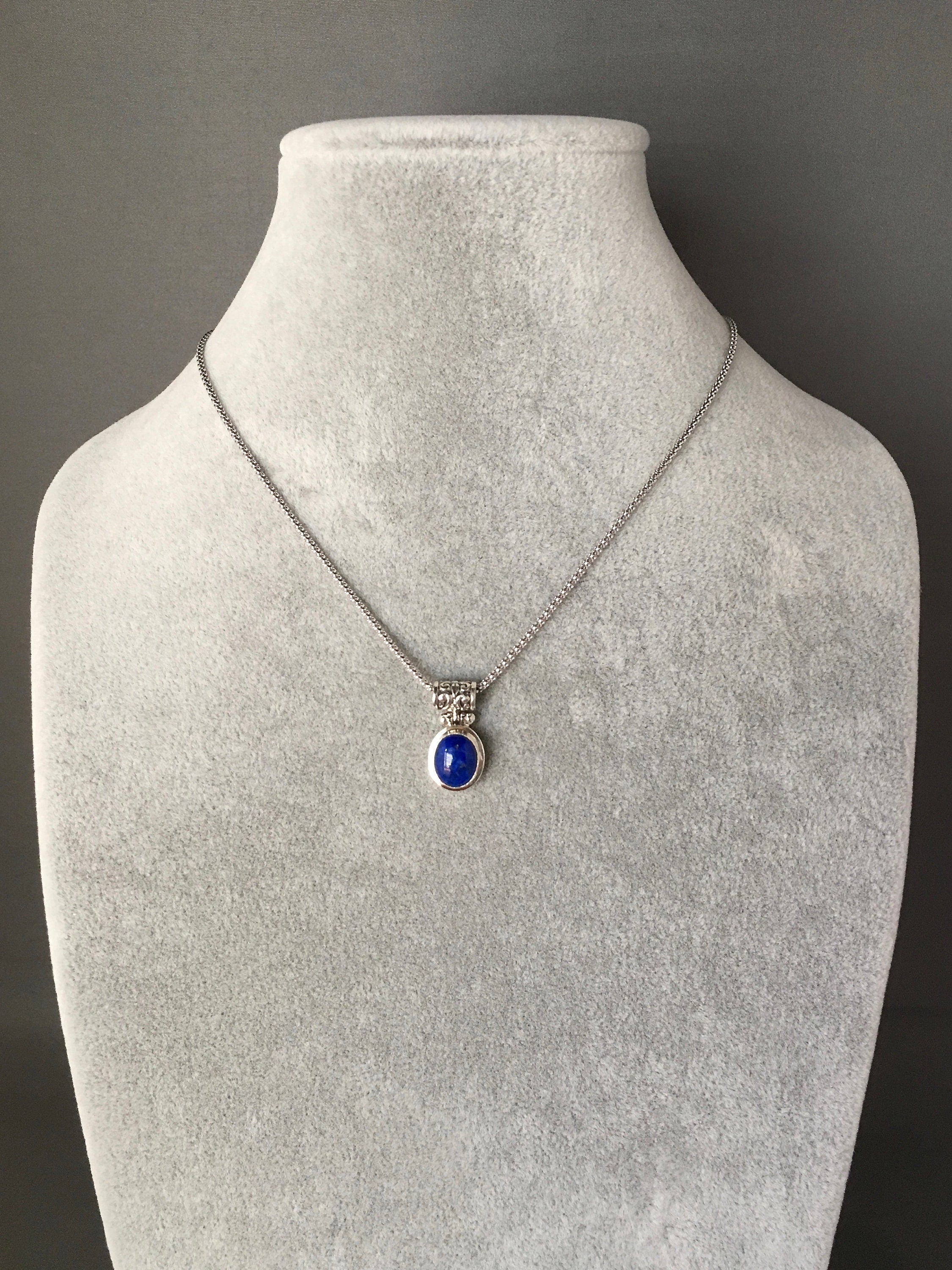 Lapis Lazuli Oval Bezel Pendant Necklace in Bali Sterling Silver