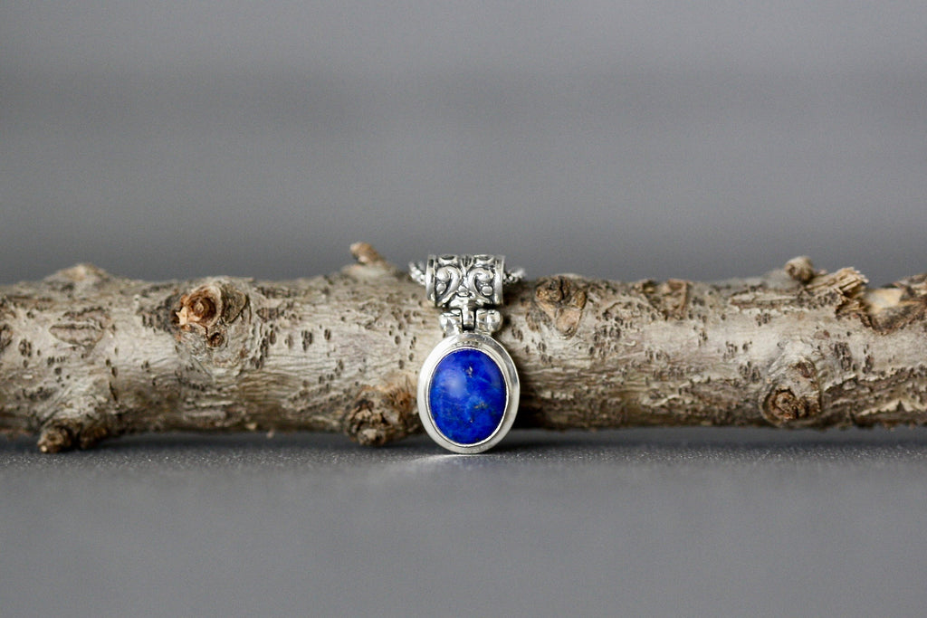 Lapis Lazuli Oval Bezel Pendant Necklace in Bali Sterling Silver