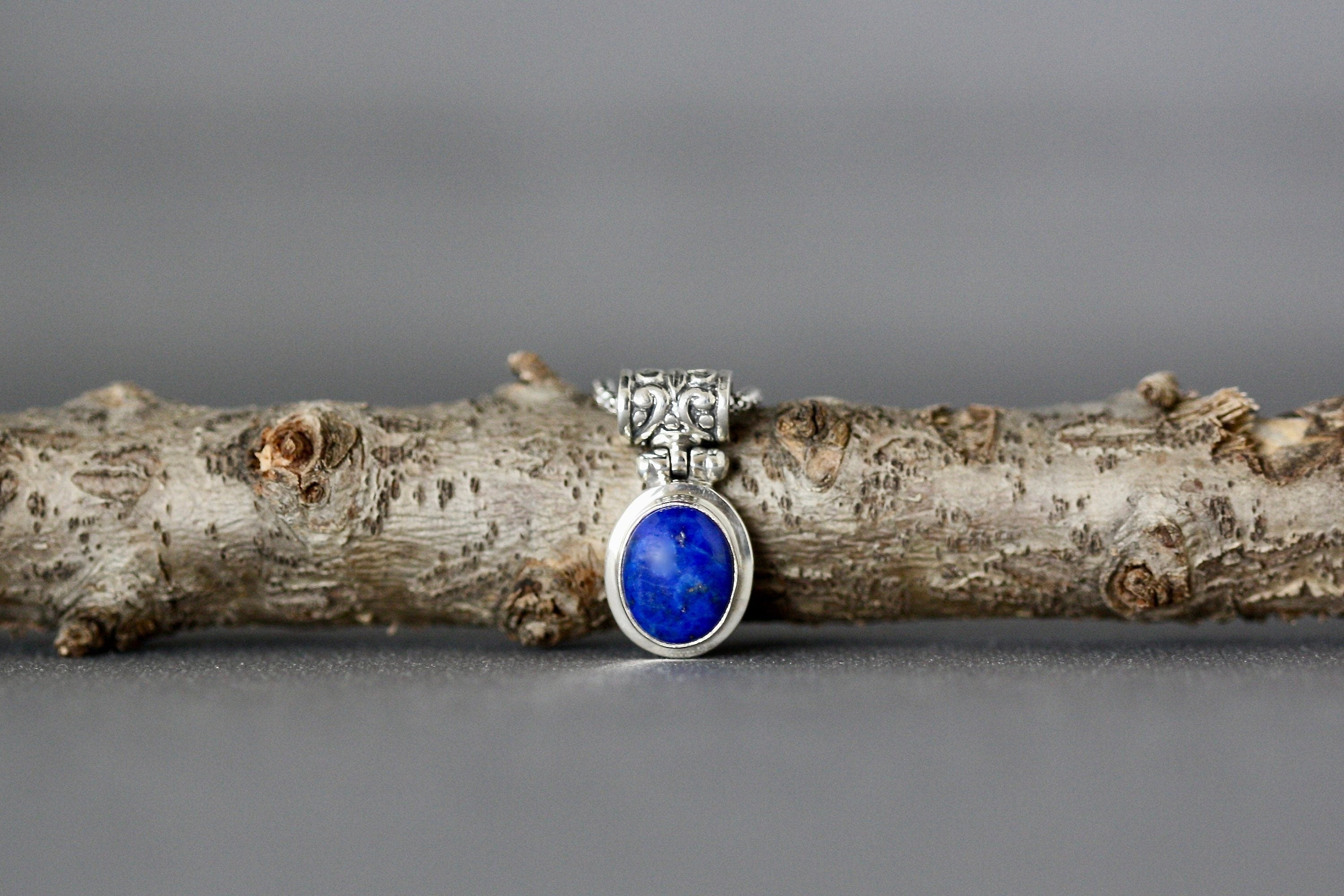 Lapis Lazuli Oval Bezel Pendant Necklace in Bali Sterling Silver