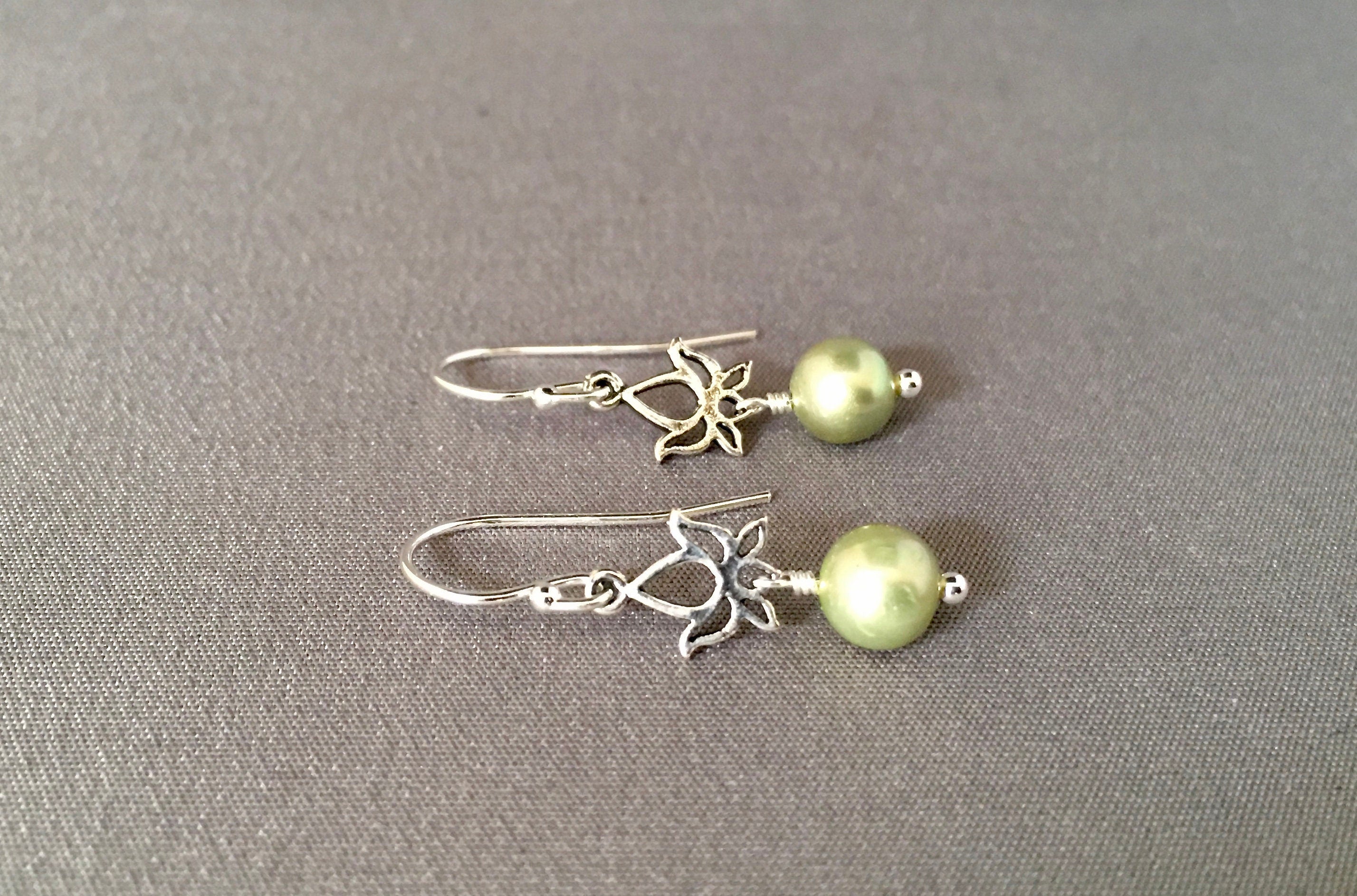 Green Freshwater Pearl and Bali Silver Lotus Flower Dangle Earrings
