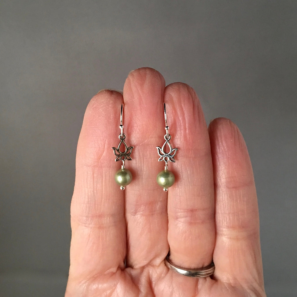 Green Freshwater Pearl and Bali Silver Lotus Flower Dangle Earrings