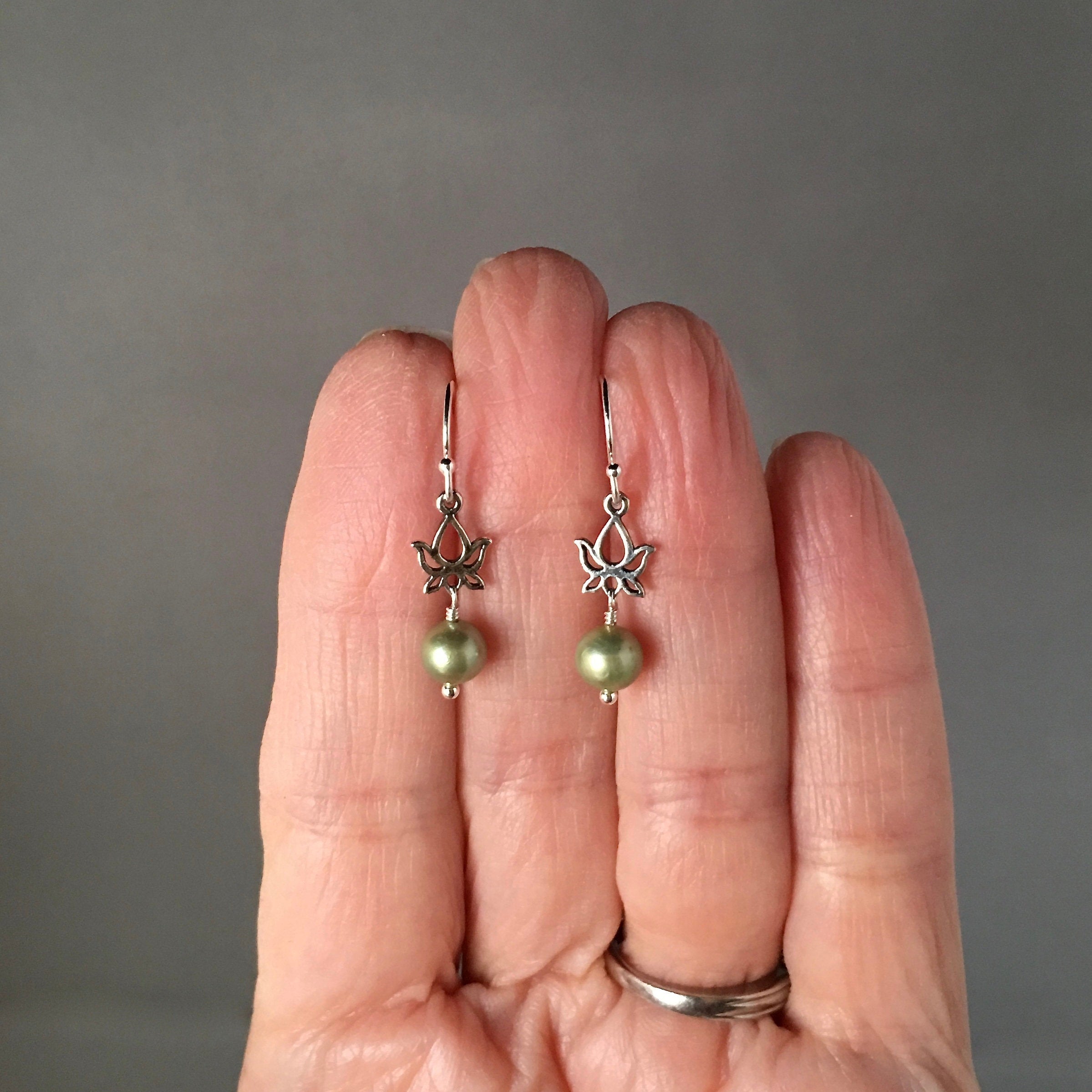 Green Freshwater Pearl and Bali Silver Lotus Flower Dangle Earrings