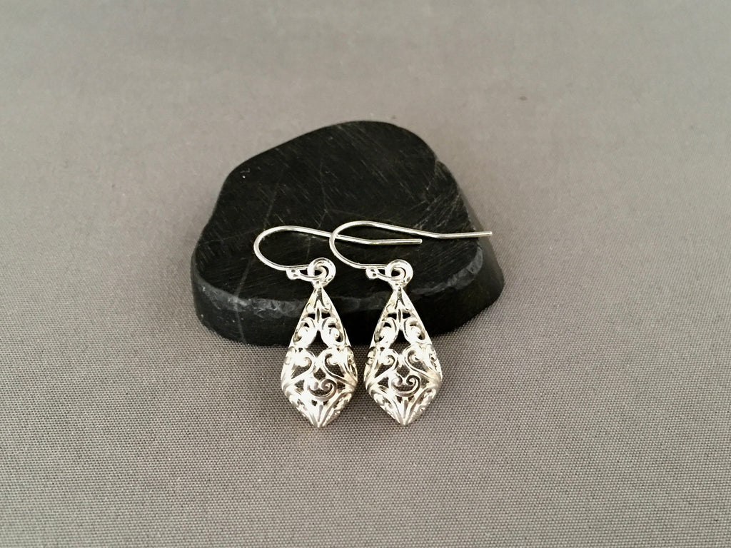 Bright Silver Filigree Charm Dangle Earrings
