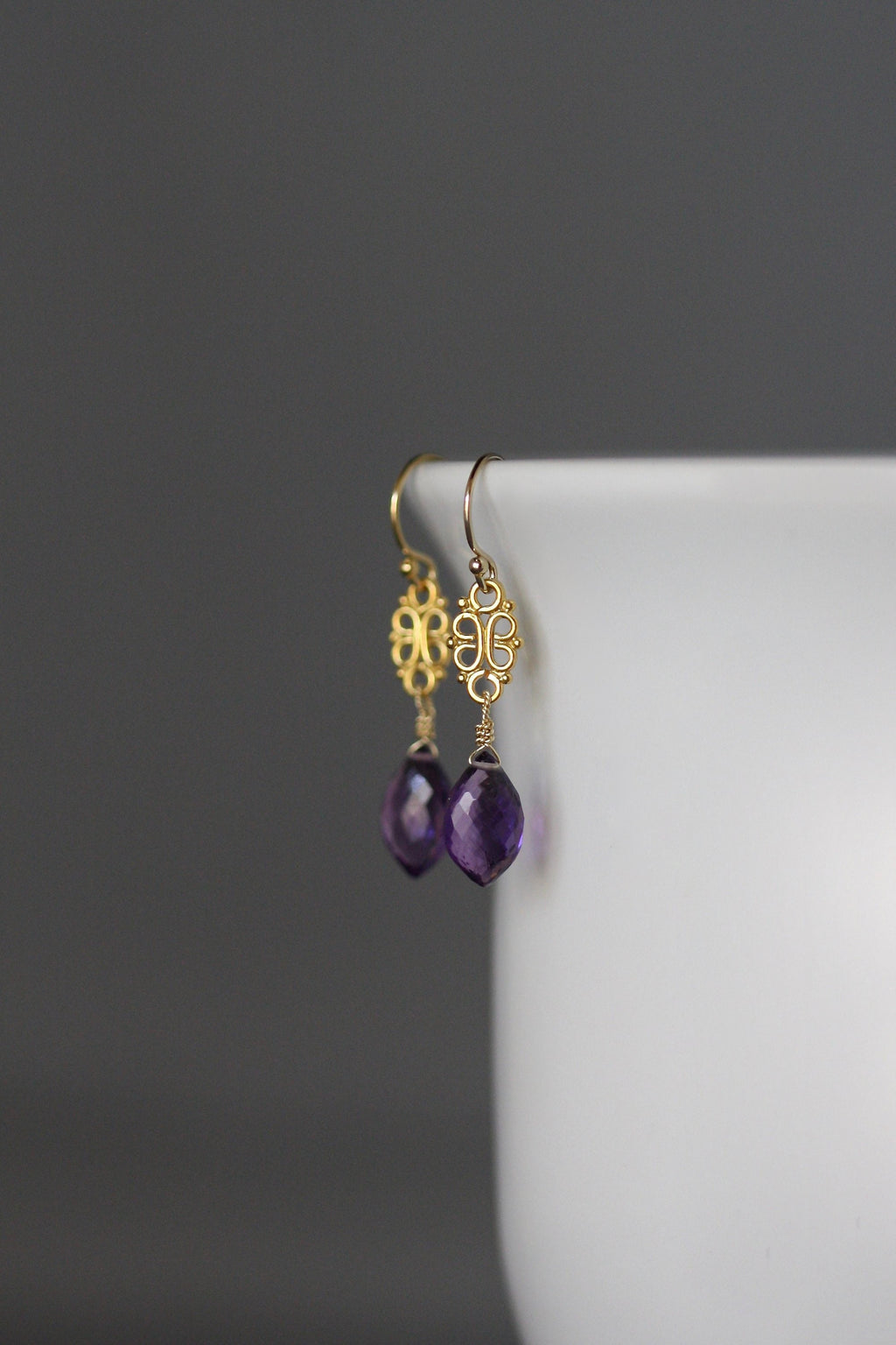 Amethyst Marquise Dangle Earrings on Gold Vermeil Links