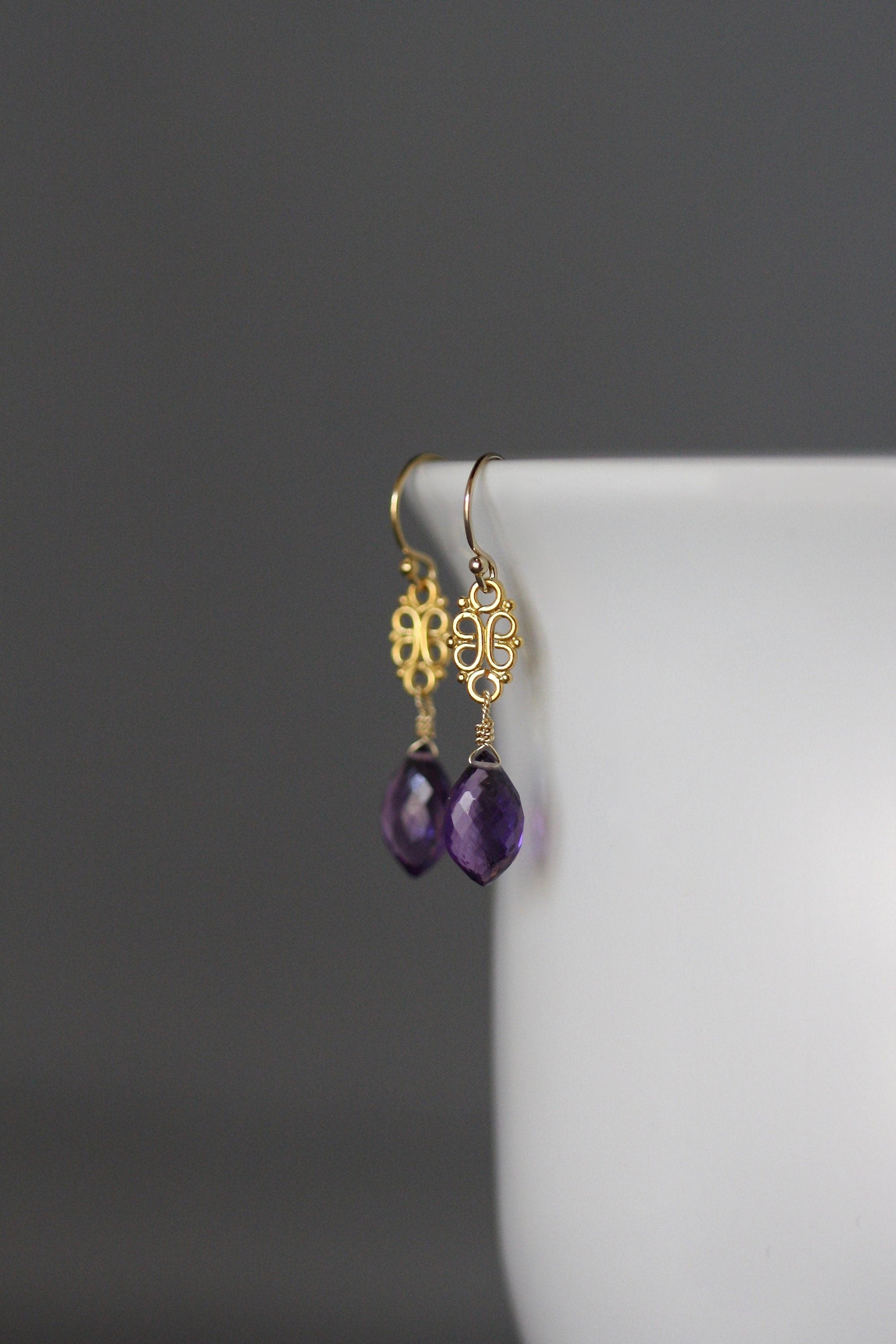 Amethyst Marquise Dangle Earrings on Gold Vermeil Links