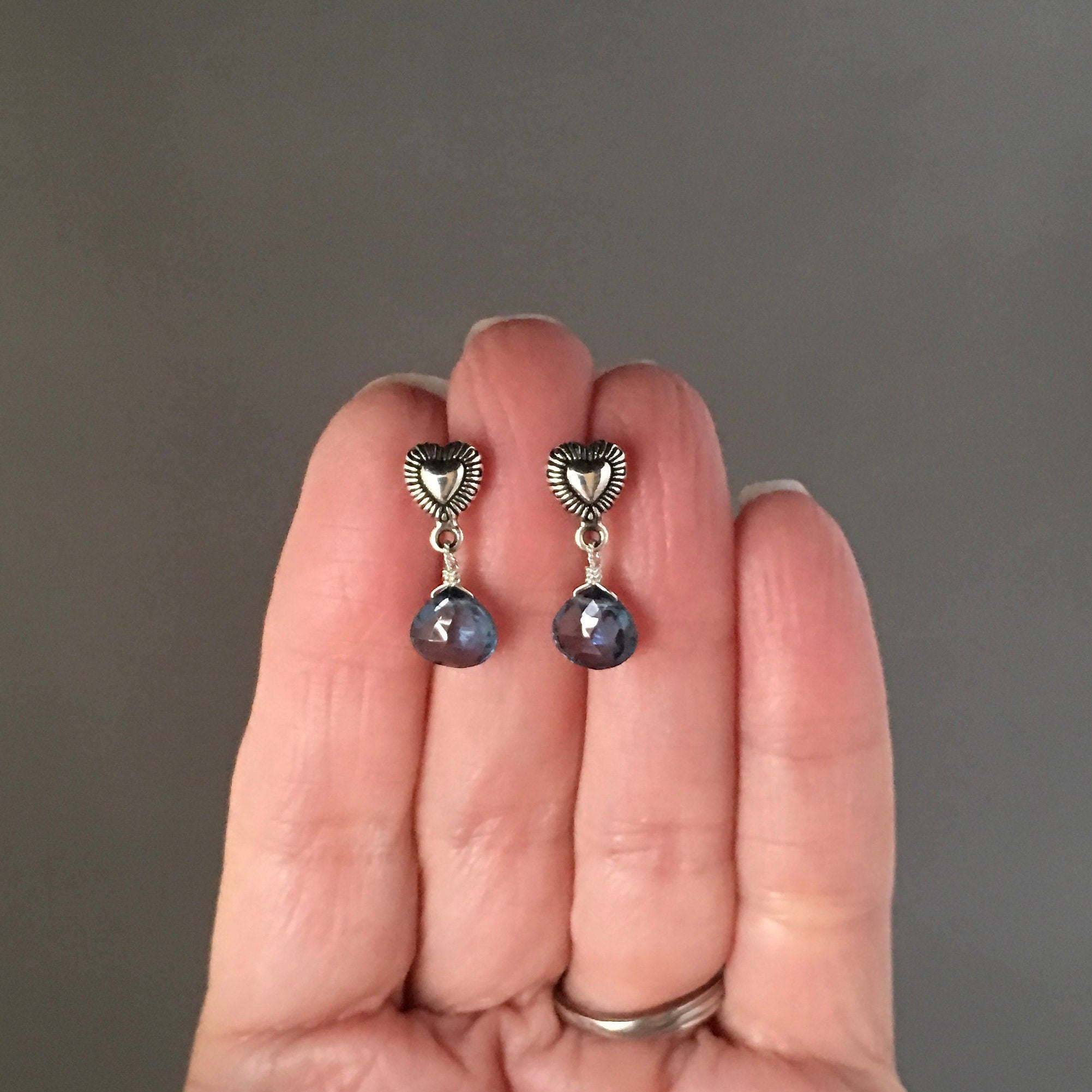London Blue Topaz Teardrop Earrings on Bali Silver Heart Posts