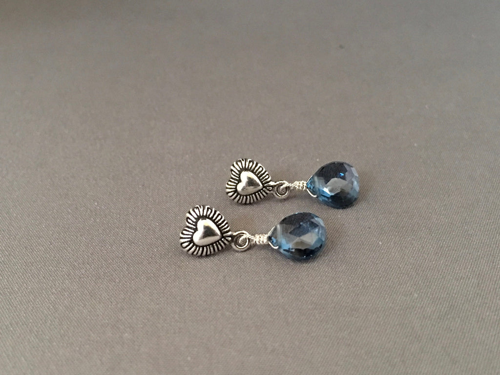 London Blue Topaz Teardrop Earrings on Bali Silver Heart Posts