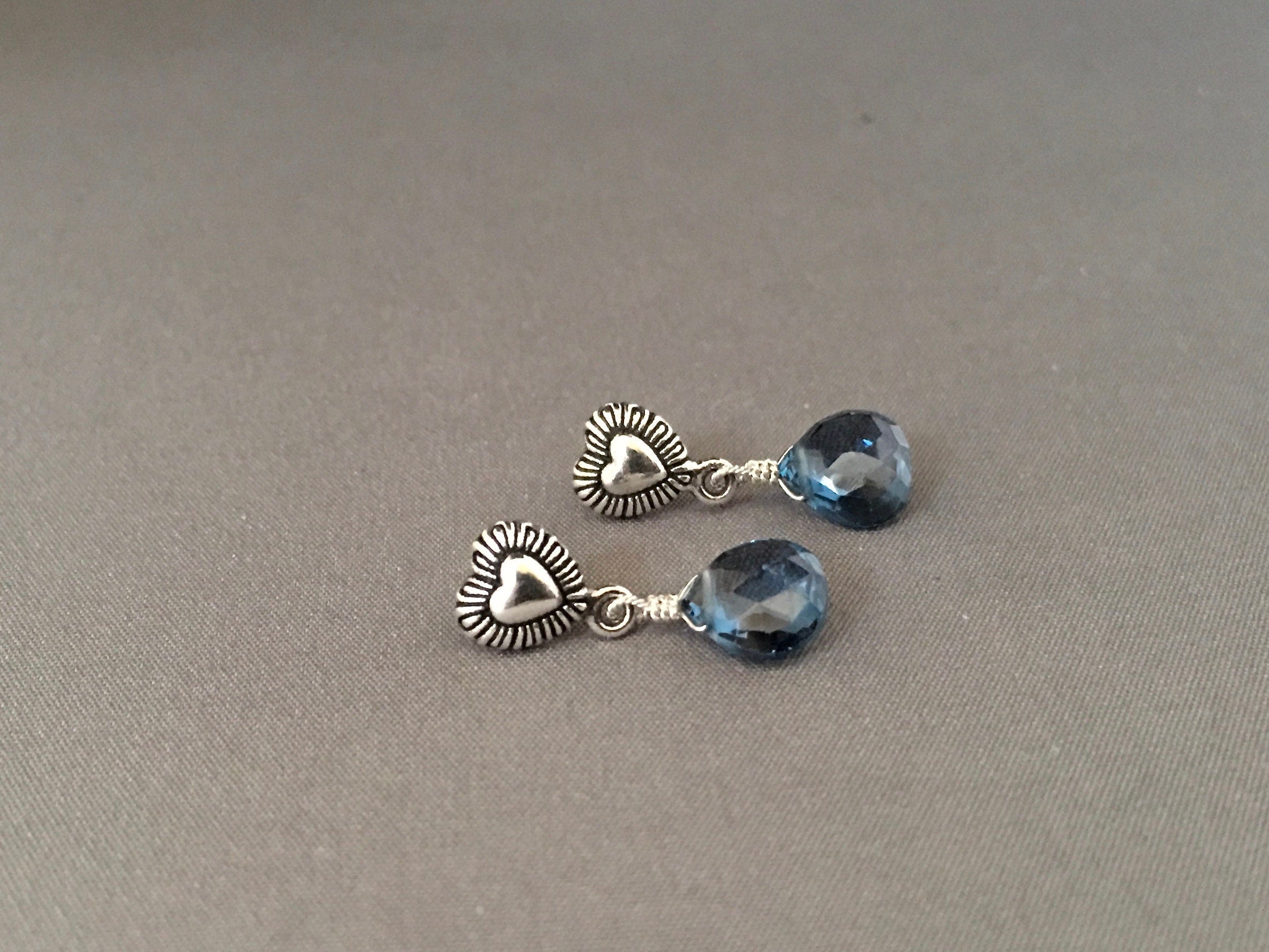 London Blue Topaz Teardrop Earrings on Bali Silver Heart Posts