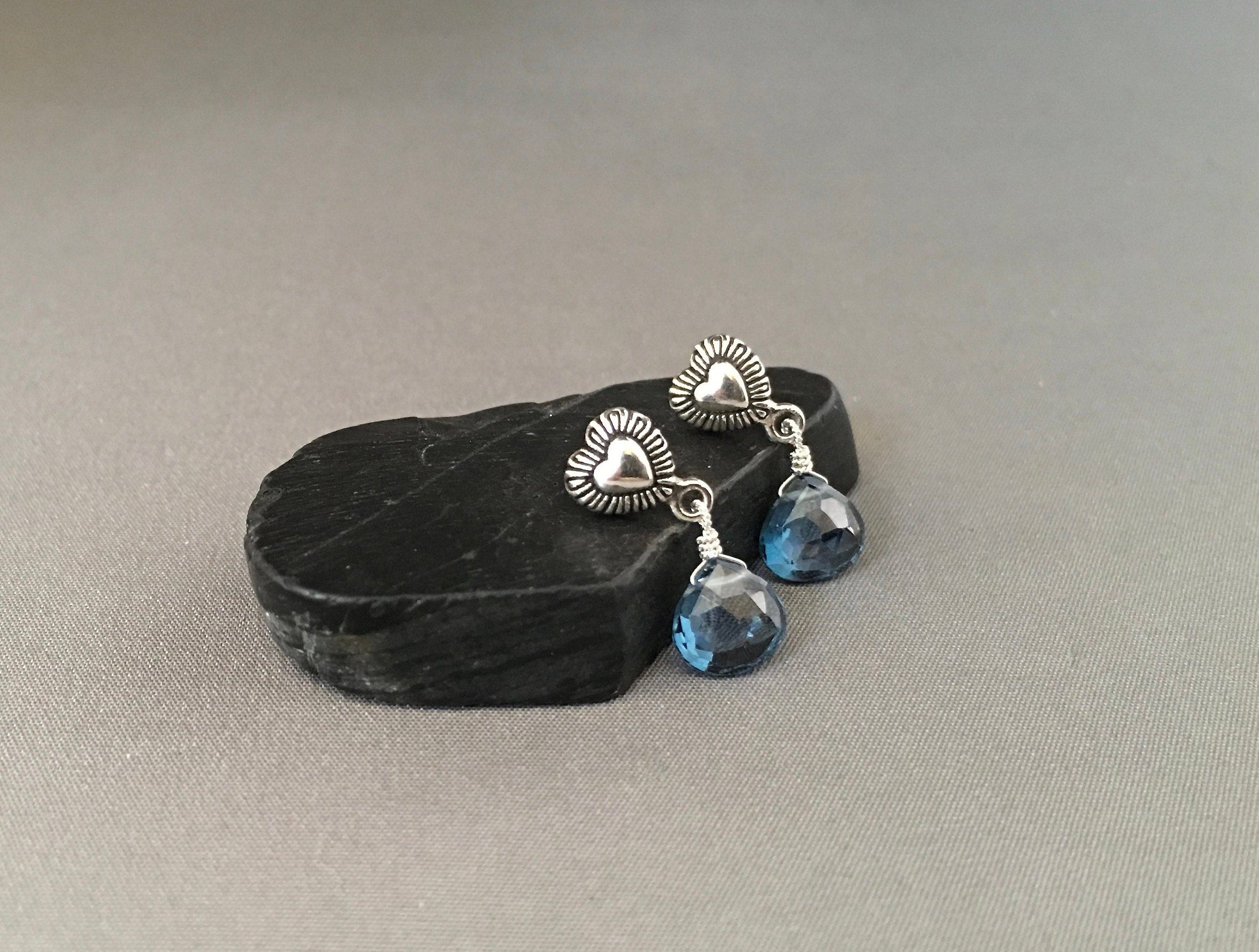 London Blue Topaz Teardrop Earrings on Bali Silver Heart Posts