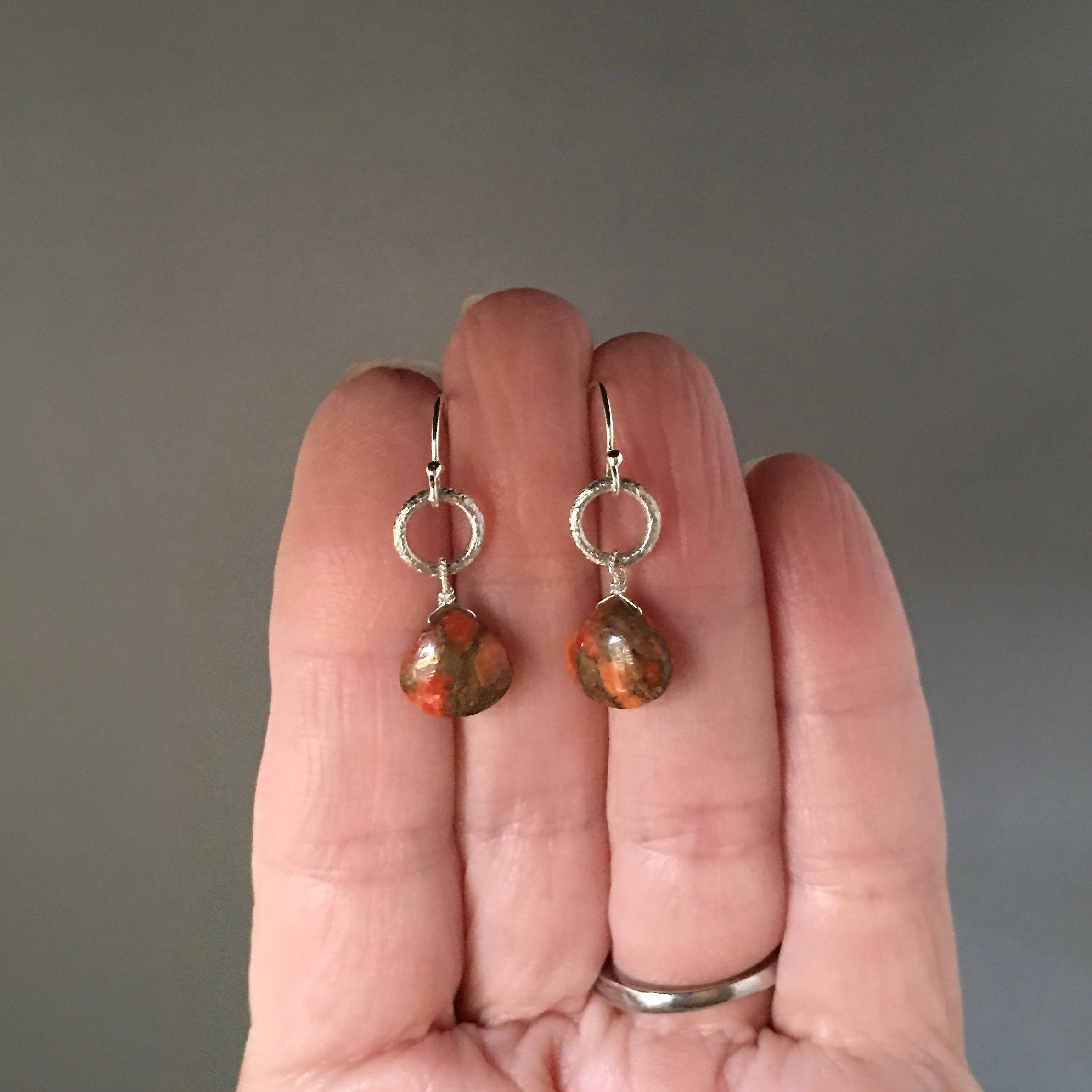 Orange Copper Turquoise Teardrop Earrings on Brushed Silver Circle Links