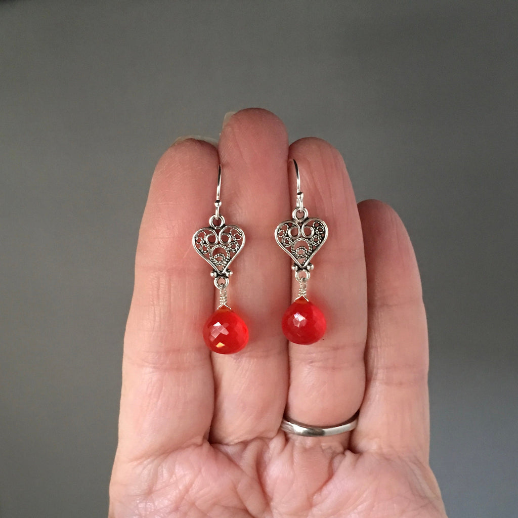 Carnelian Teardrop and Bali Sterling Silver Filigree Heart Dangle Earrings