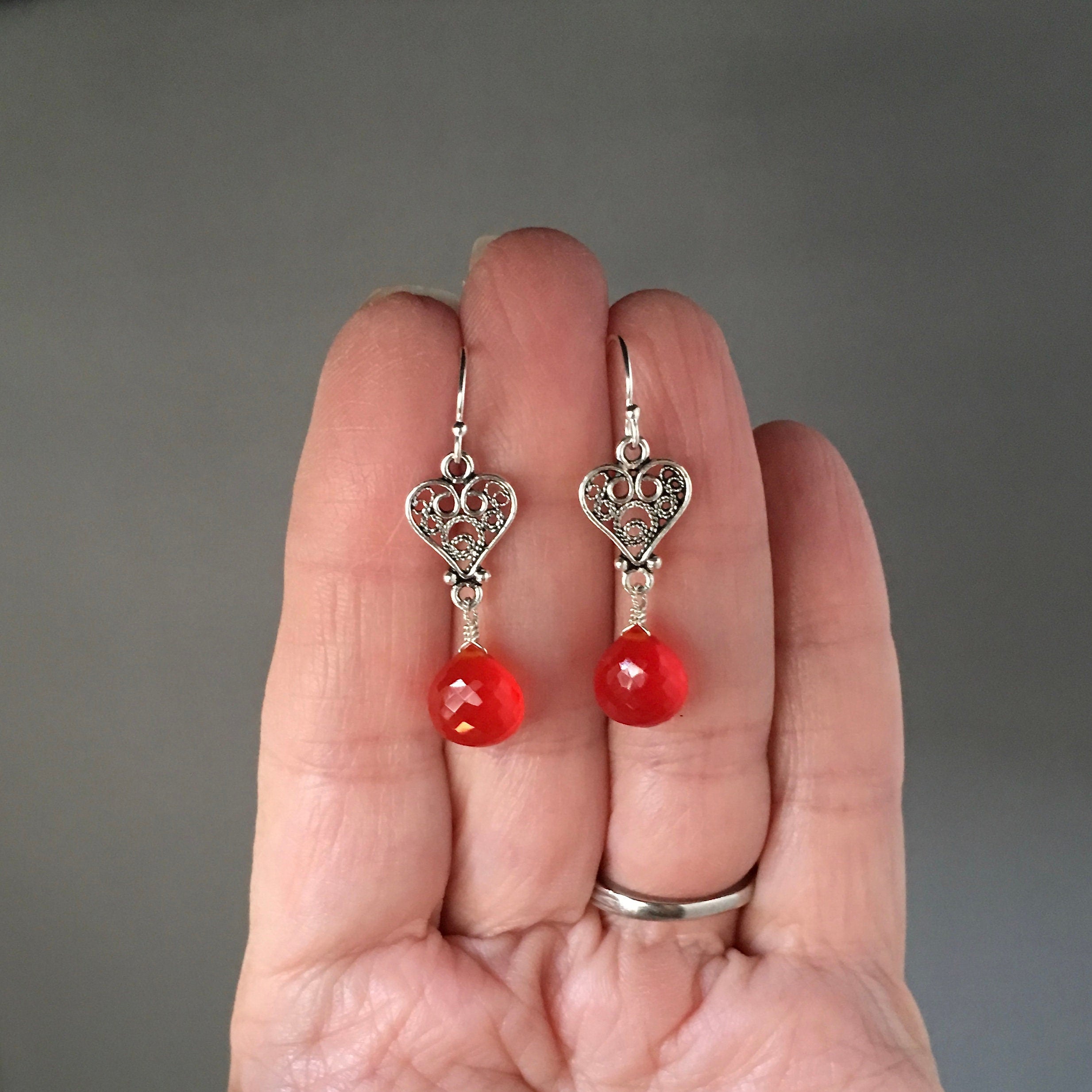 Carnelian Teardrop and Bali Sterling Silver Filigree Heart Dangle Earrings