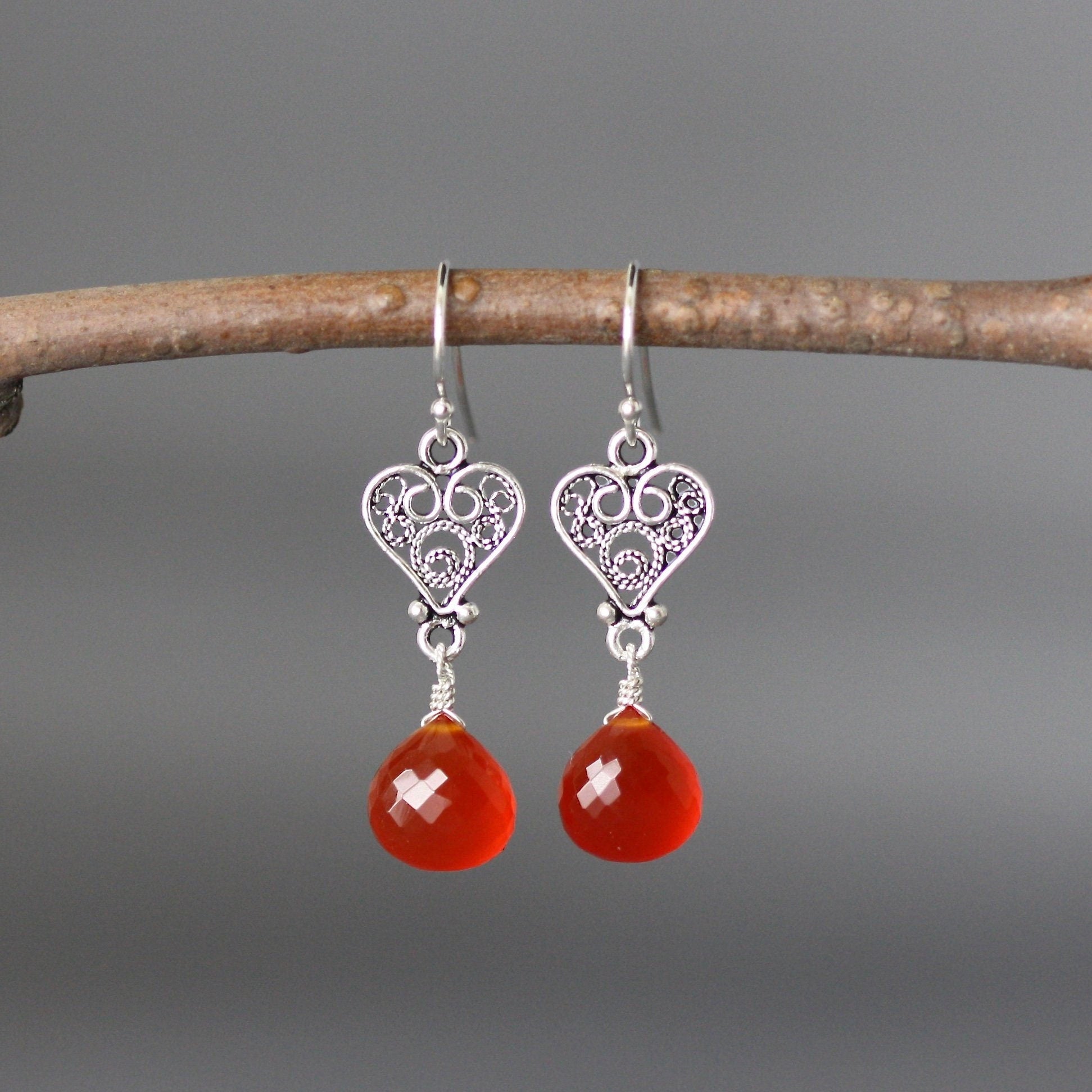 Carnelian Teardrop and Bali Sterling Silver Filigree Heart Dangle Earrings