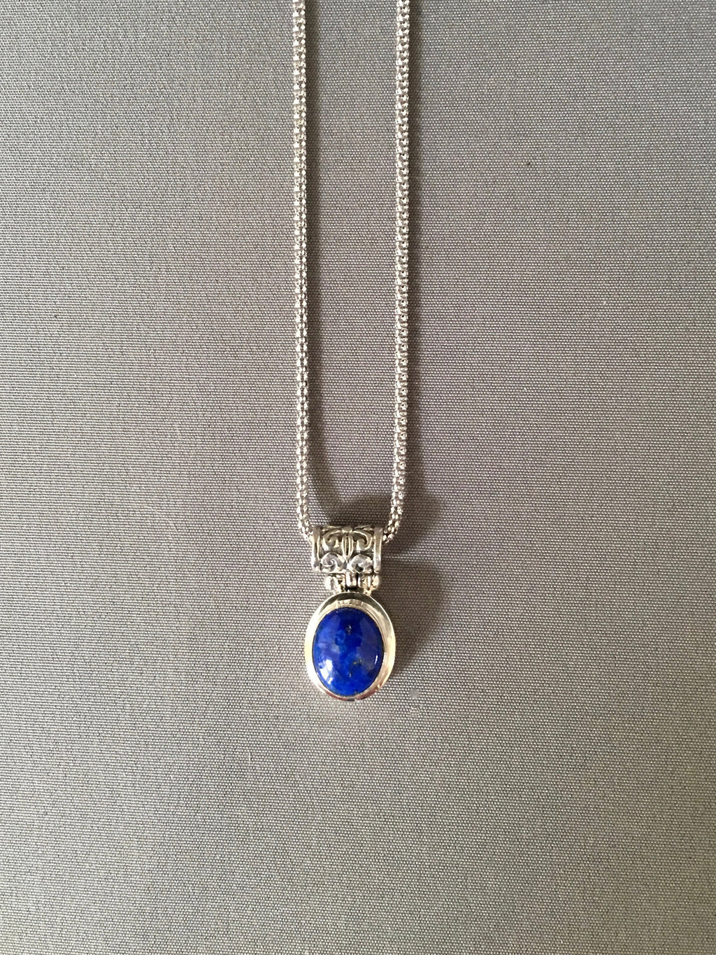 Lapis Lazuli Oval Bezel Pendant Necklace in Bali Sterling Silver
