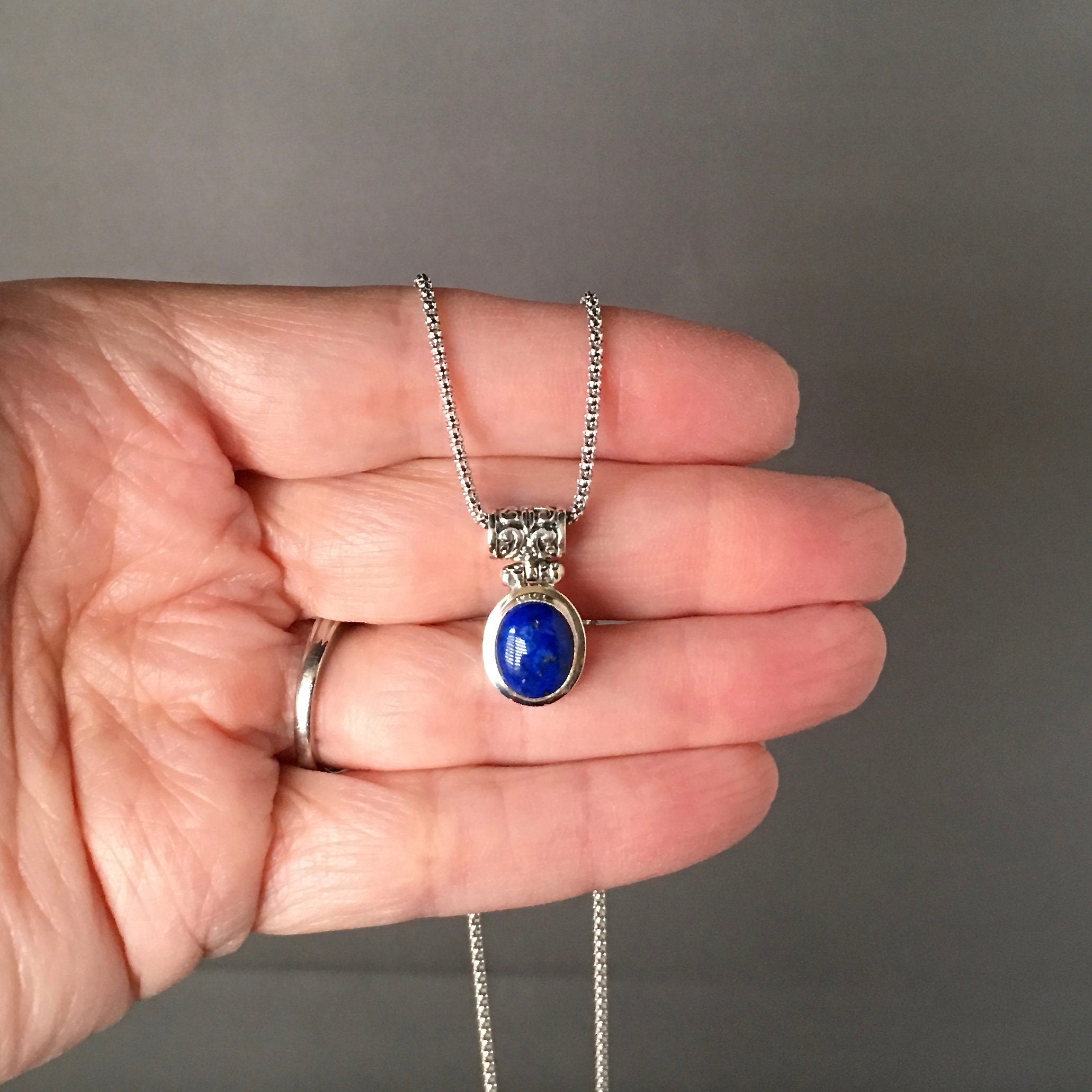 Lapis Lazuli Oval Bezel Pendant Necklace in Bali Sterling Silver
