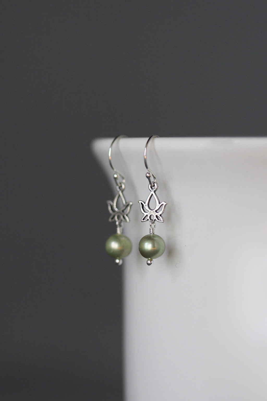 Green Freshwater Pearl and Bali Silver Lotus Flower Dangle Earrings