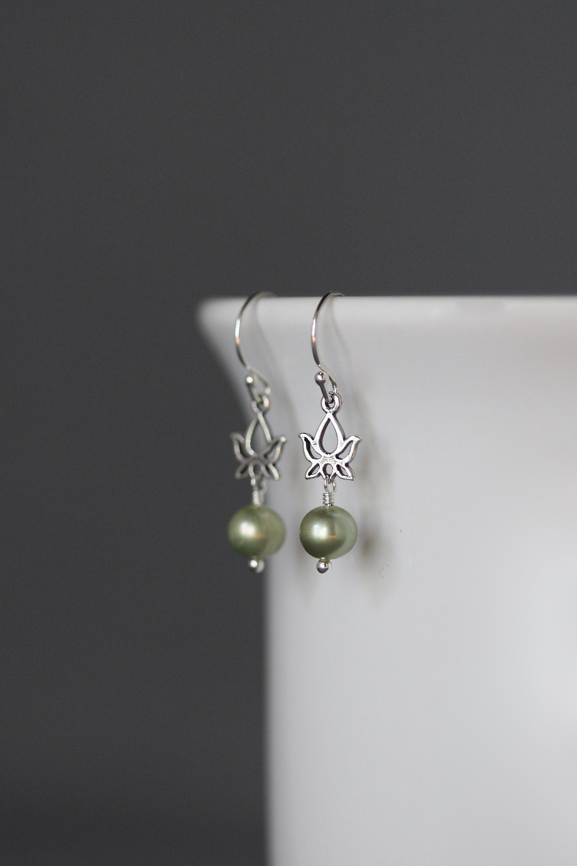 Green Freshwater Pearl and Bali Silver Lotus Flower Dangle Earrings