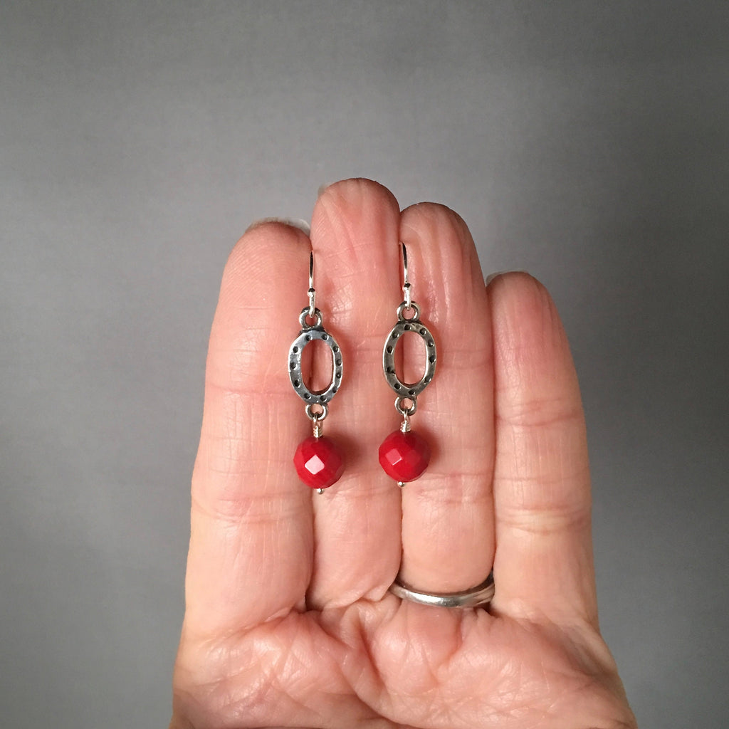 Red Coral and Bali Sterling Silver Oval Link Dangle Earrings