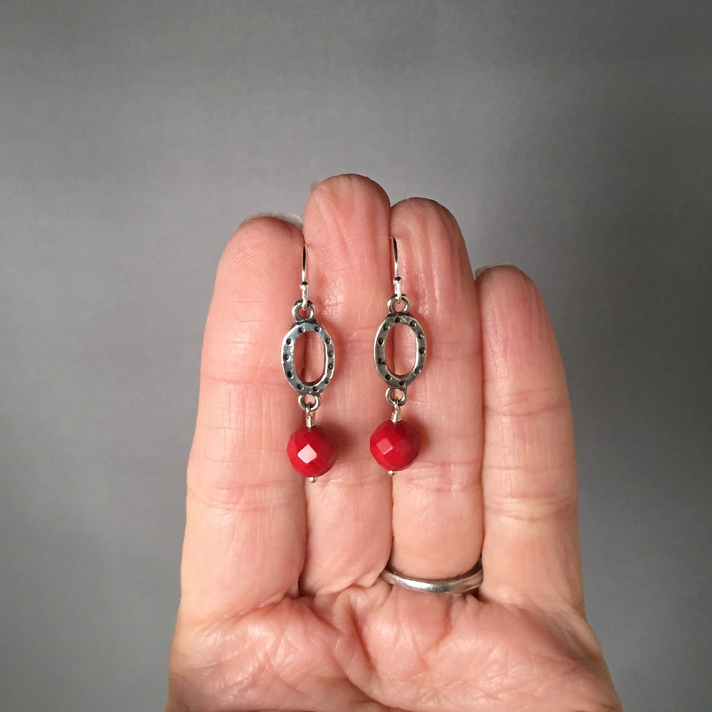 Red Coral and Bali Sterling Silver Oval Link Dangle Earrings