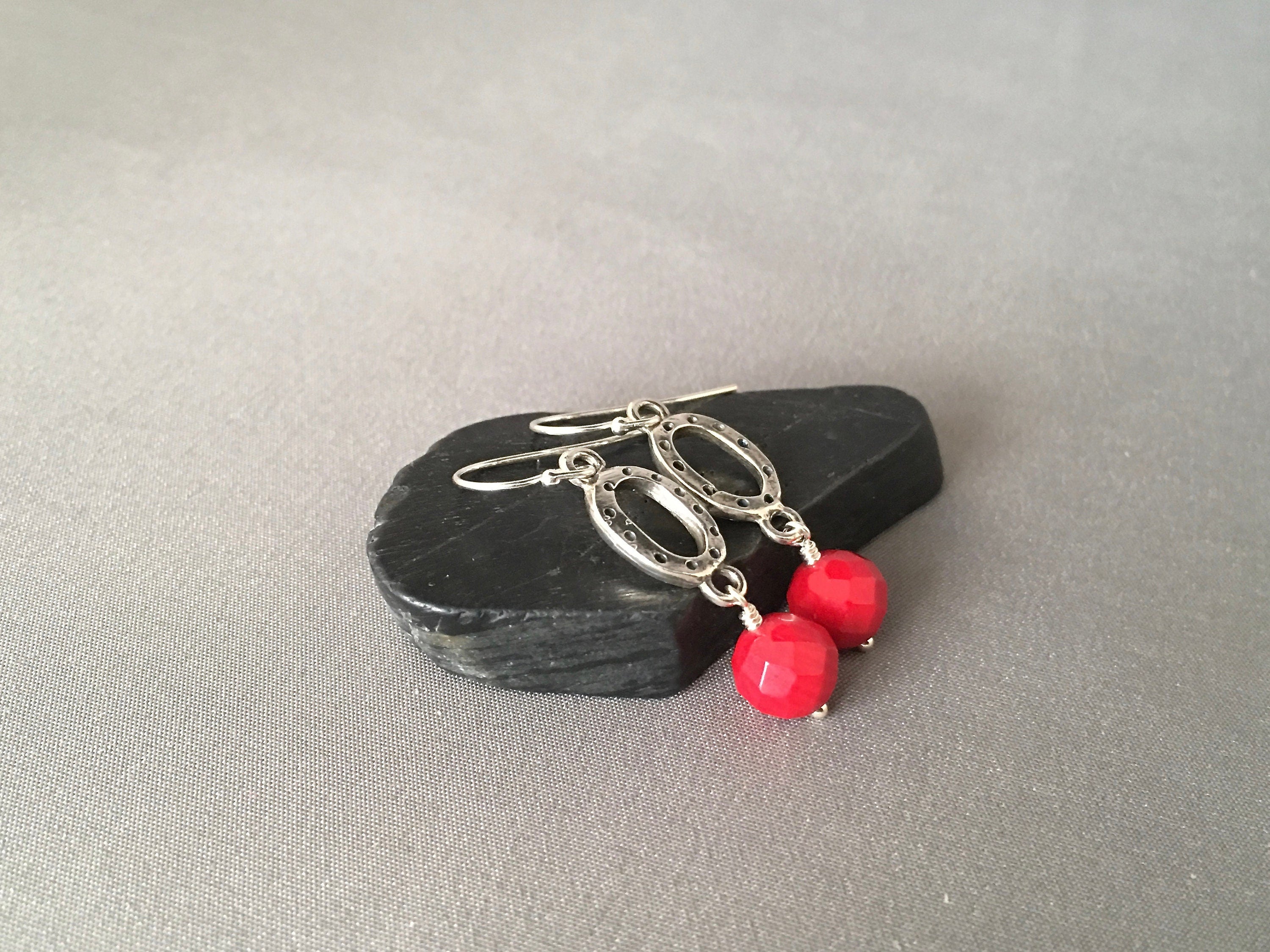 Red Coral and Bali Sterling Silver Oval Link Dangle Earrings