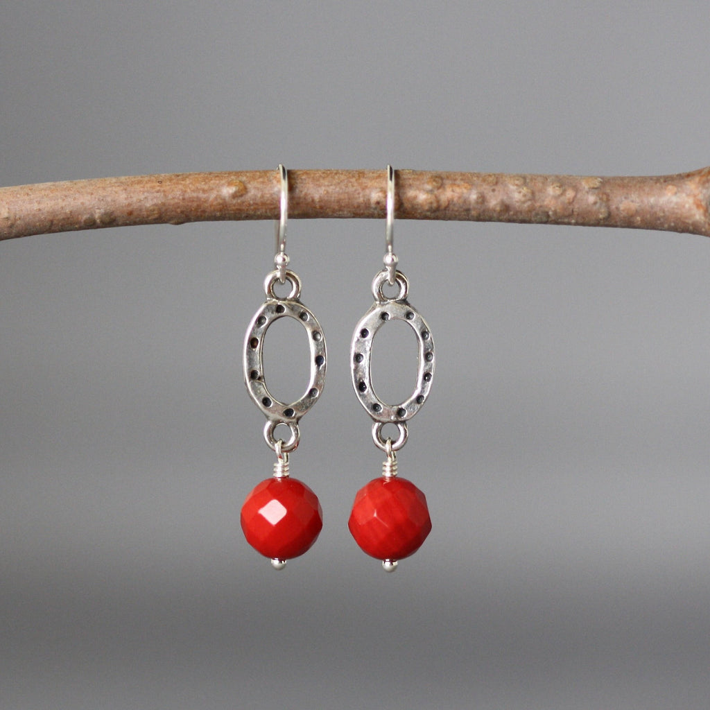 Red Coral and Bali Sterling Silver Oval Link Dangle Earrings