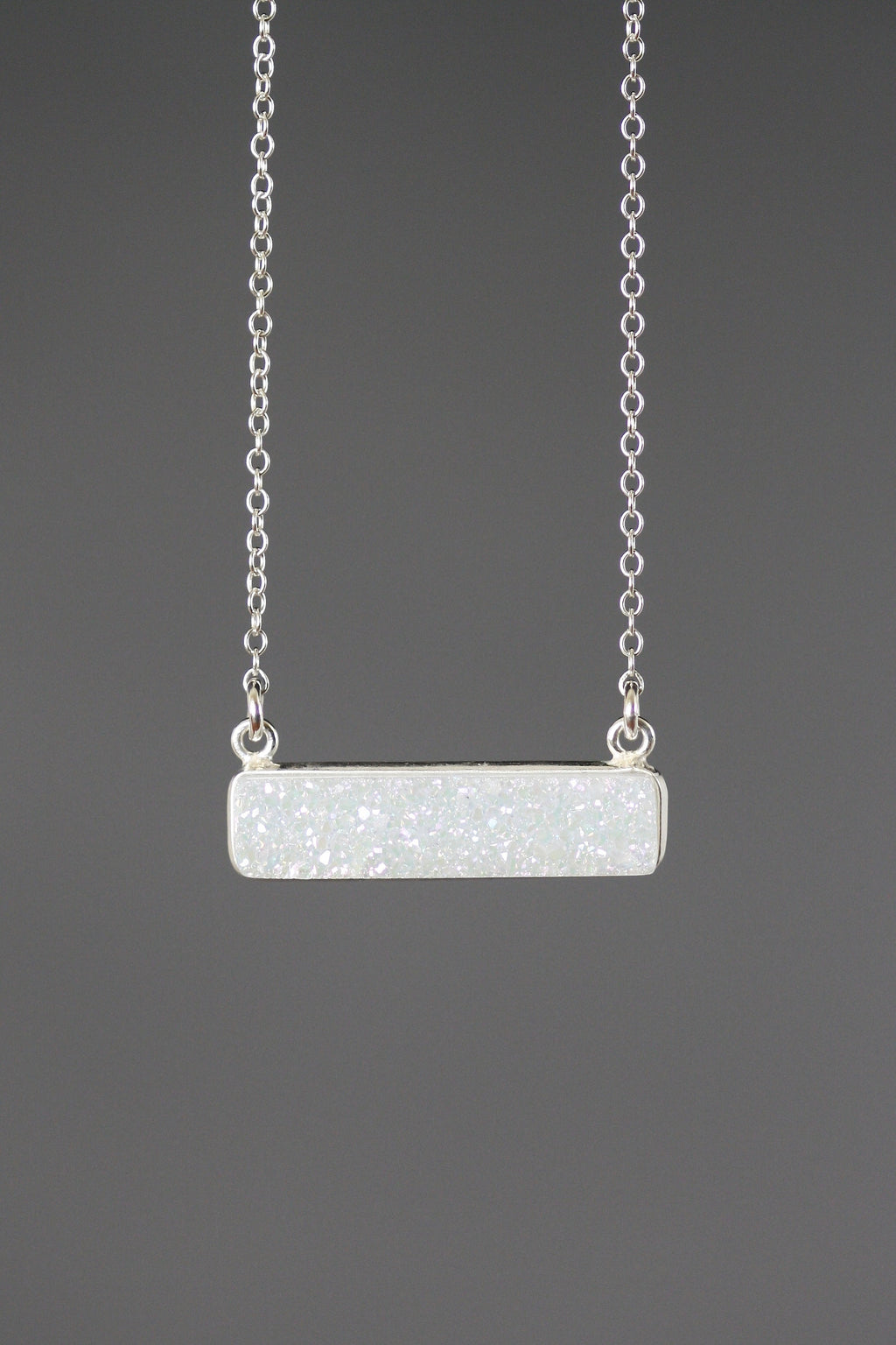 White Druzy Quartz Bar Pendant Necklace in Sterling Silver