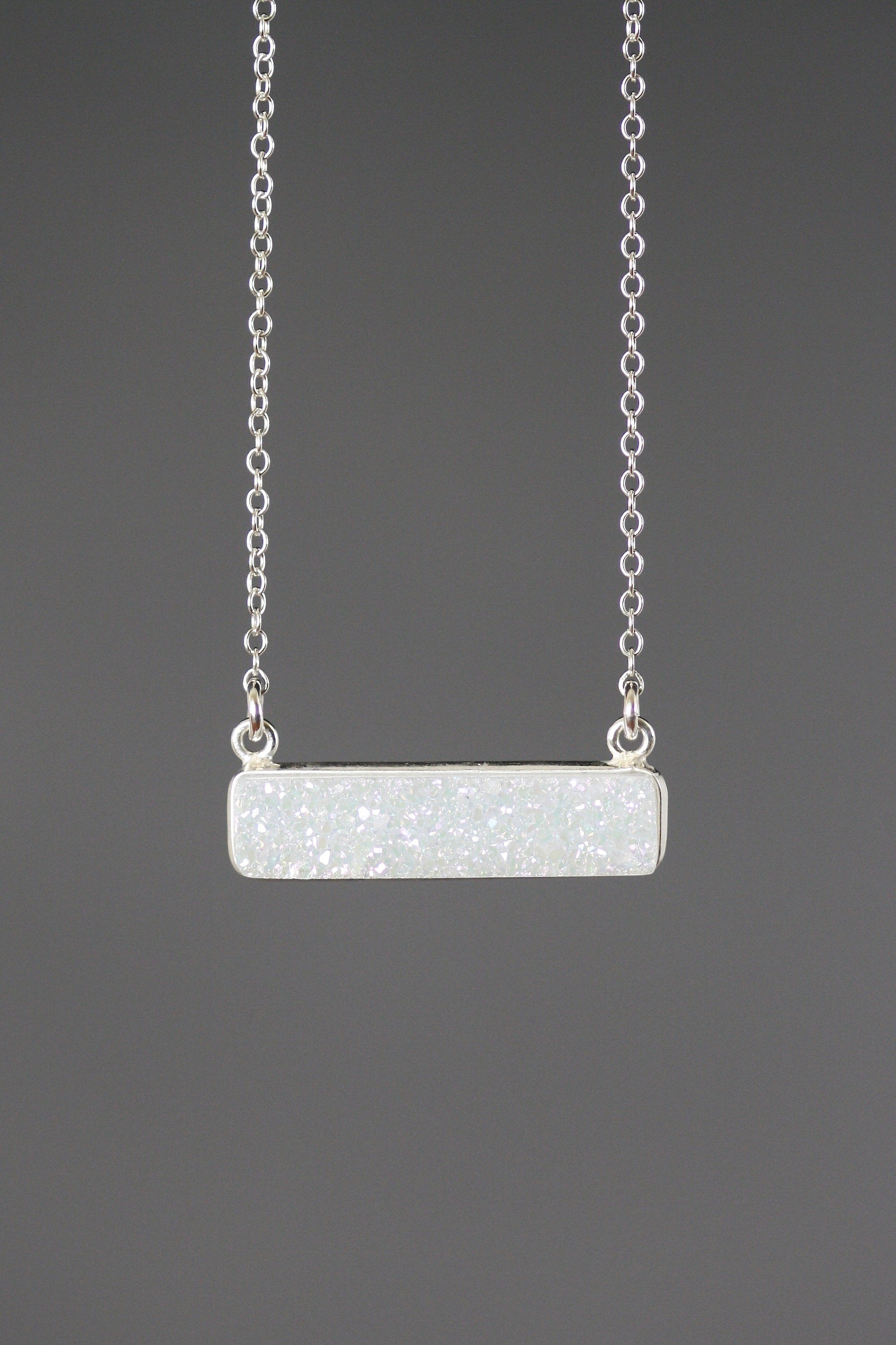 White Druzy Quartz Bar Pendant Necklace in Sterling Silver