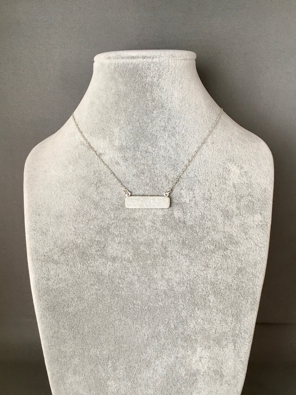 White Druzy Quartz Bar Pendant Necklace in Sterling Silver
