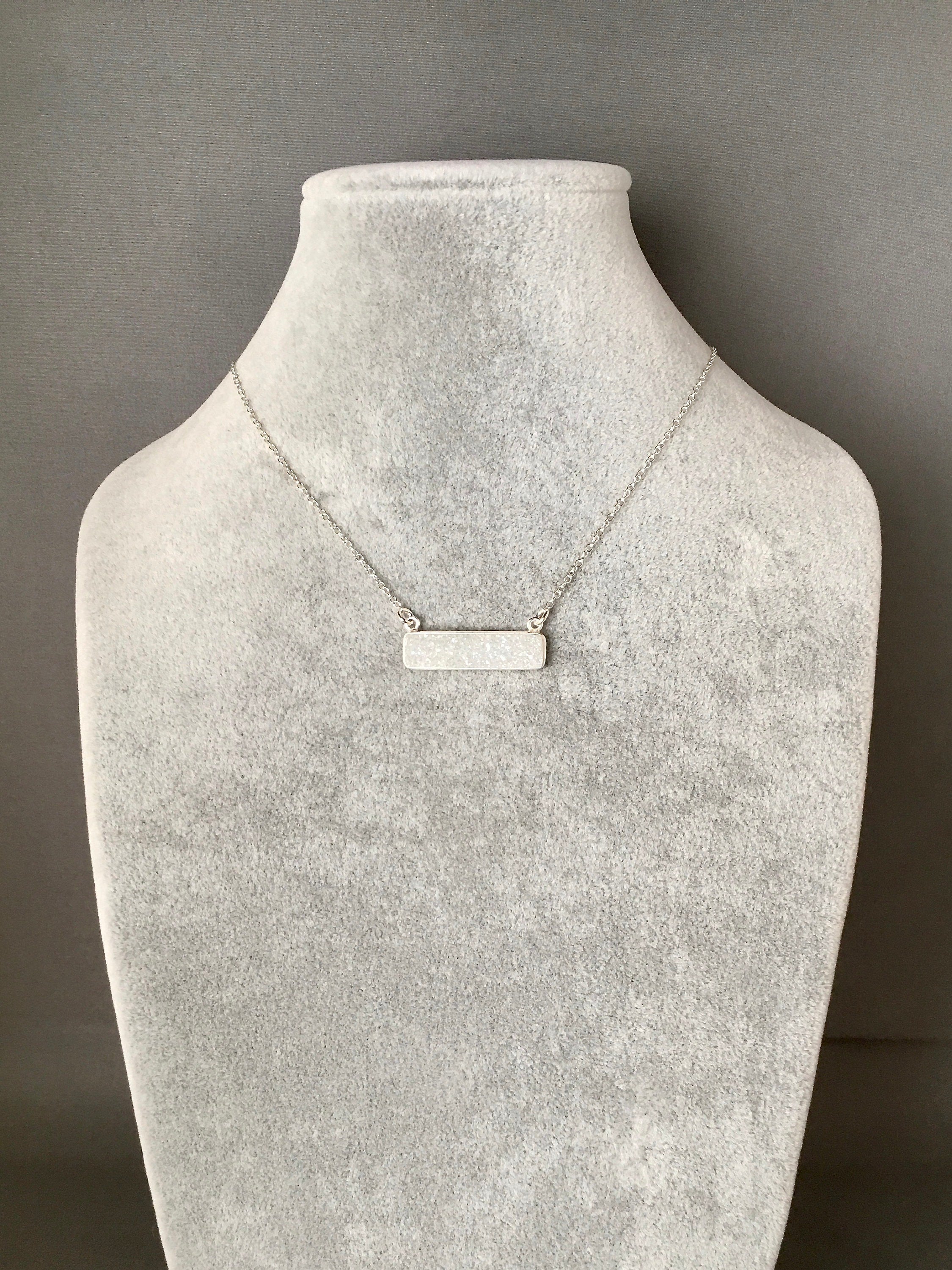 White Druzy Quartz Bar Pendant Necklace in Sterling Silver