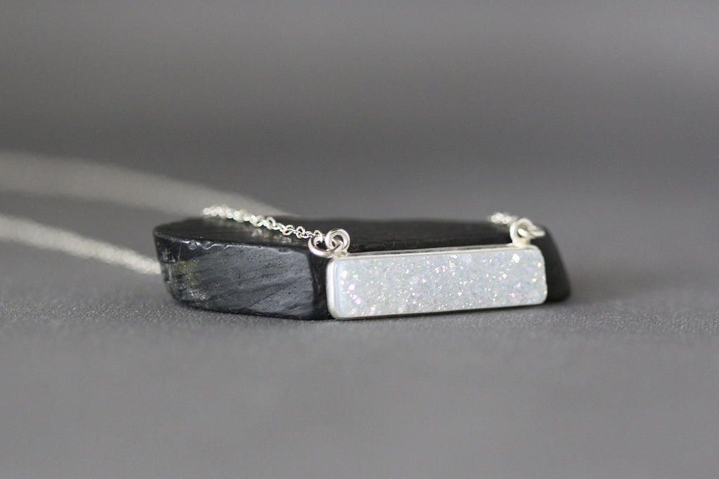 White Druzy Quartz Bar Pendant Necklace in Sterling Silver