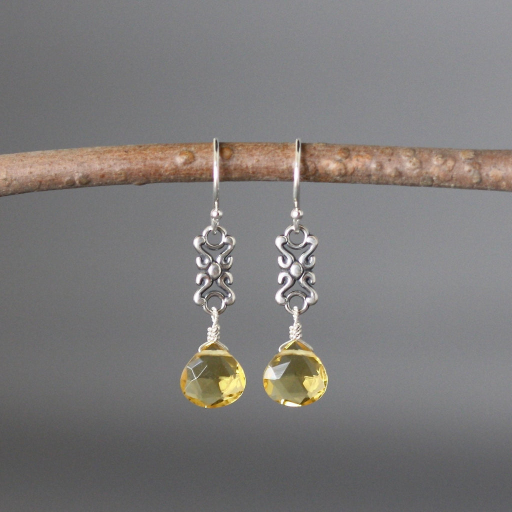 Citrine Quartz and Sterling Silver Bali Link Dangle Earrings