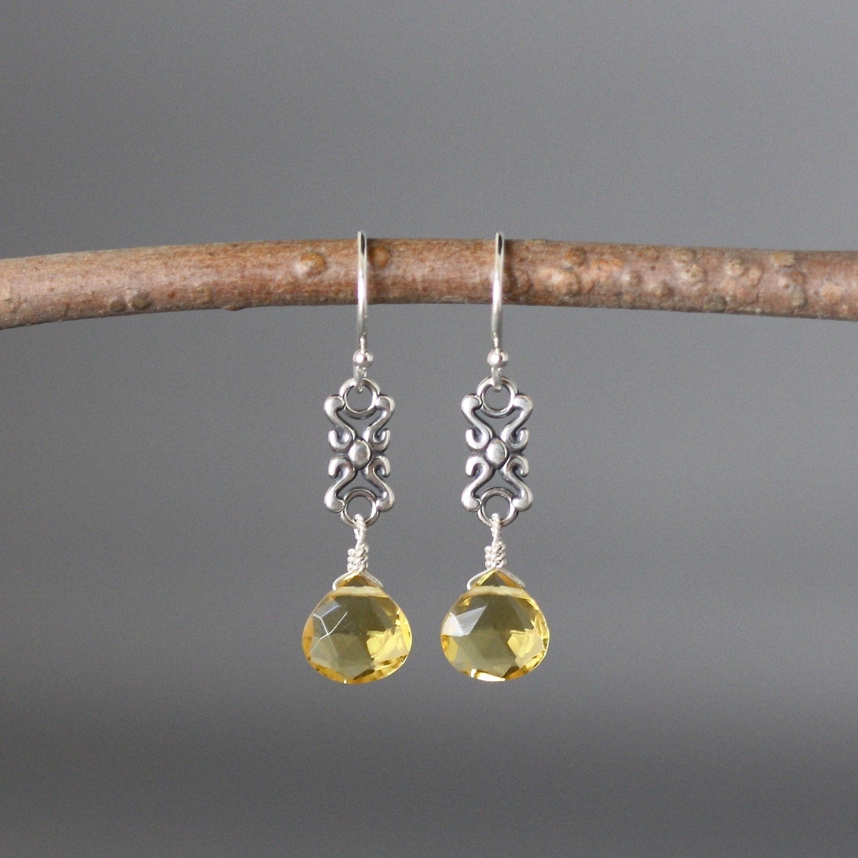 Citrine Quartz and Sterling Silver Bali Link Dangle Earrings