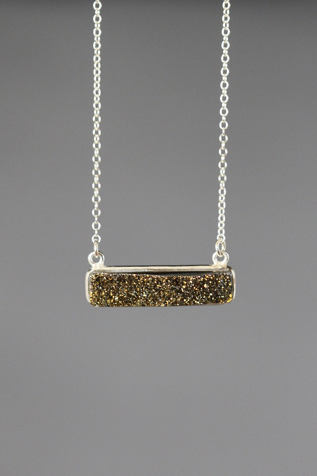 Bronze Druzy Quartz Horizontal Bar Pendant Necklace in Sterling Silver