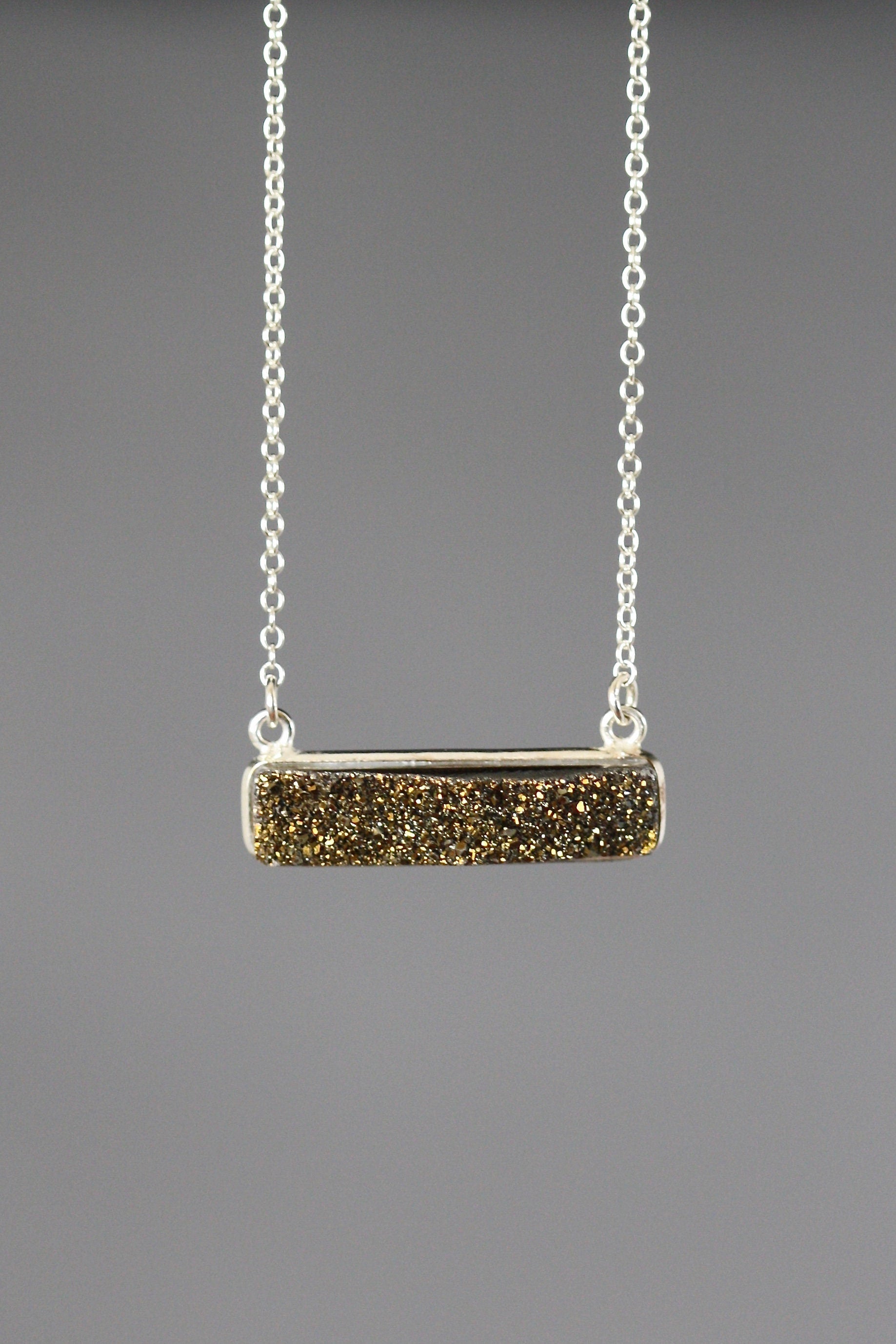 Bronze Druzy Quartz Horizontal Bar Pendant Necklace in Sterling Silver