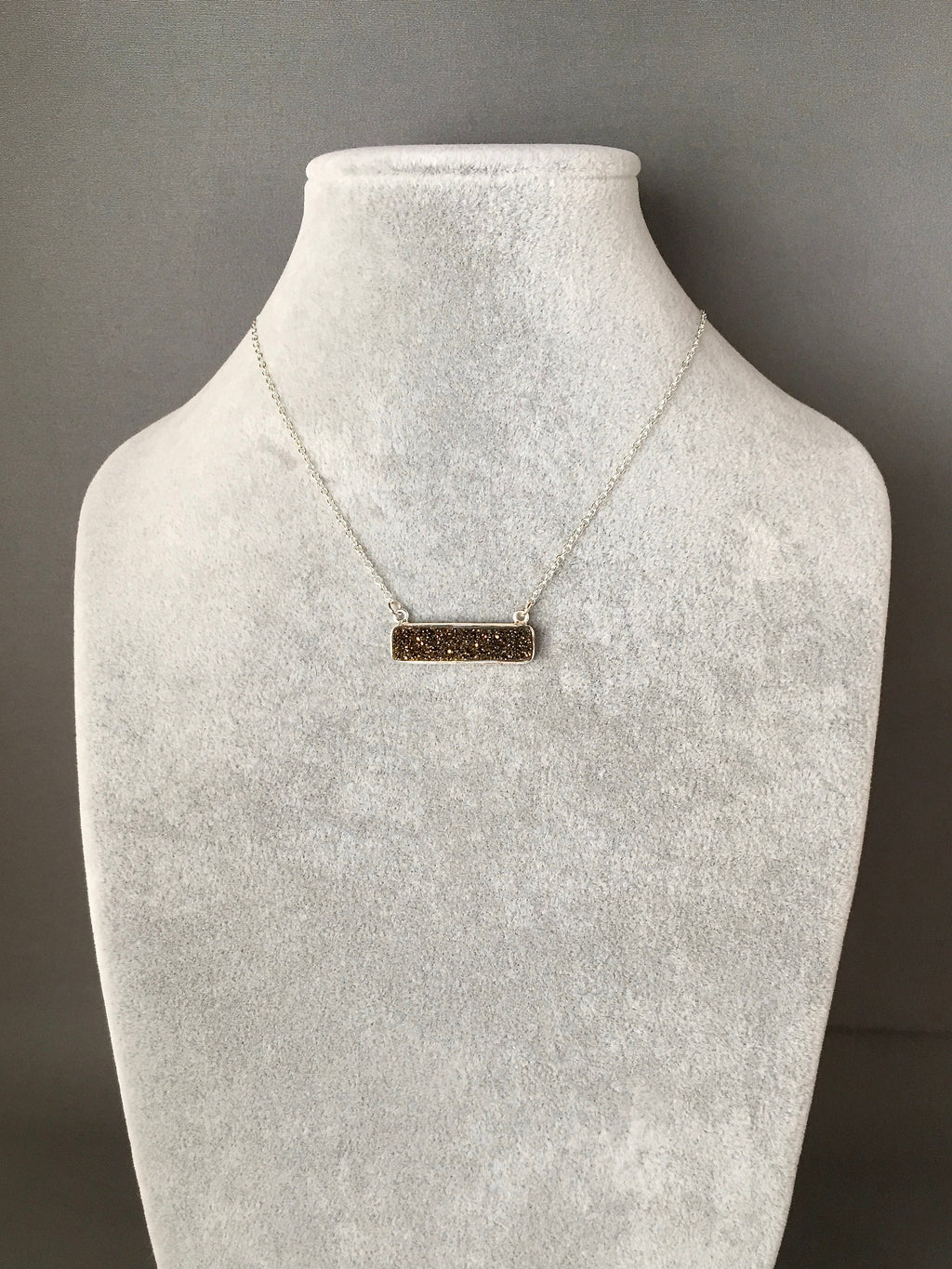 Bronze Druzy Quartz Horizontal Bar Pendant Necklace in Sterling Silver