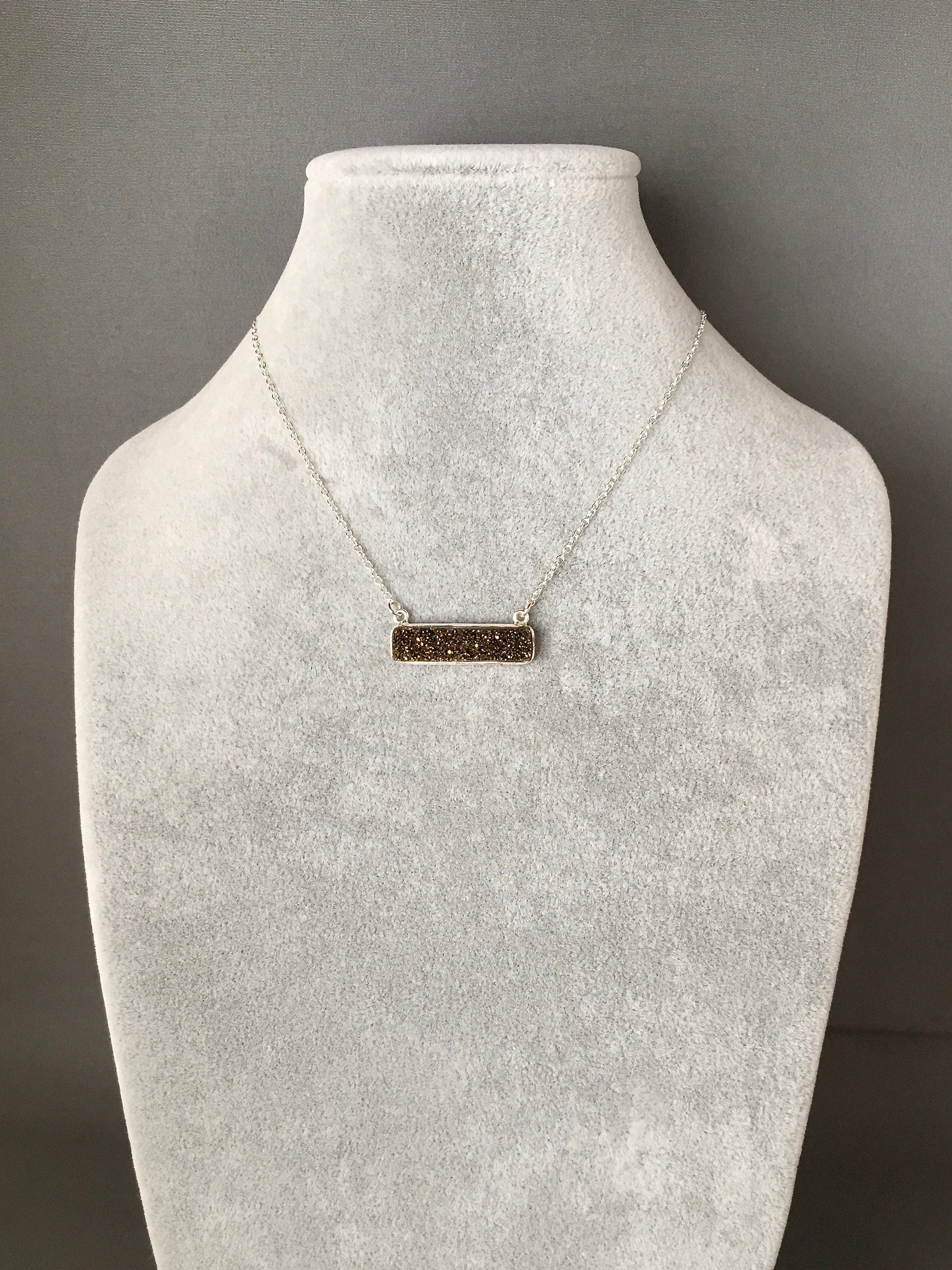 Bronze Druzy Quartz Horizontal Bar Pendant Necklace in Sterling Silver