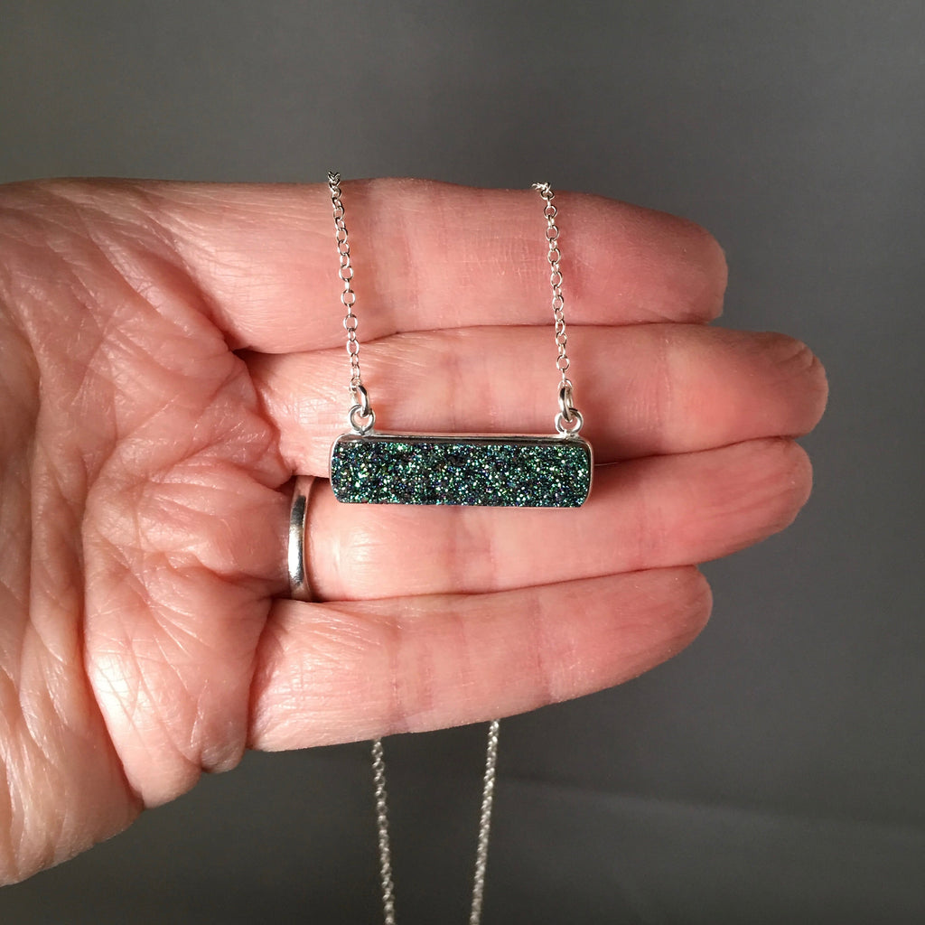 Emerald Green Druzy Quartz Bar Pendant Necklace in Sterling Silver