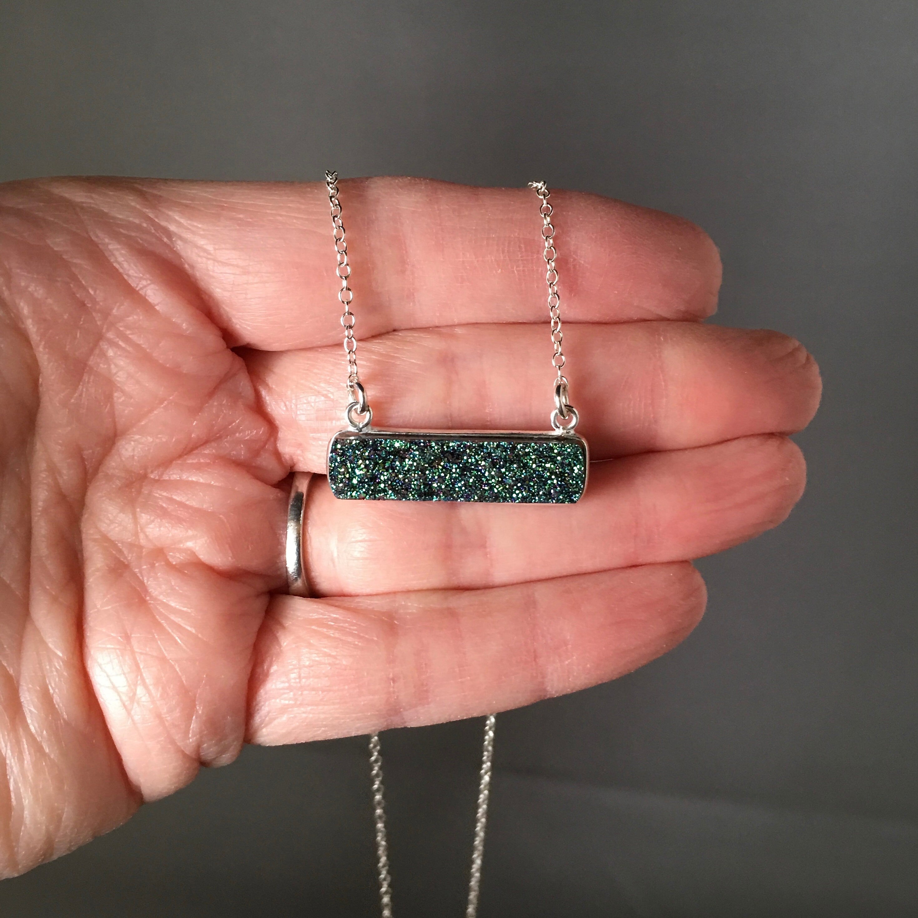 Emerald Green Druzy Quartz Bar Pendant Necklace in Sterling Silver