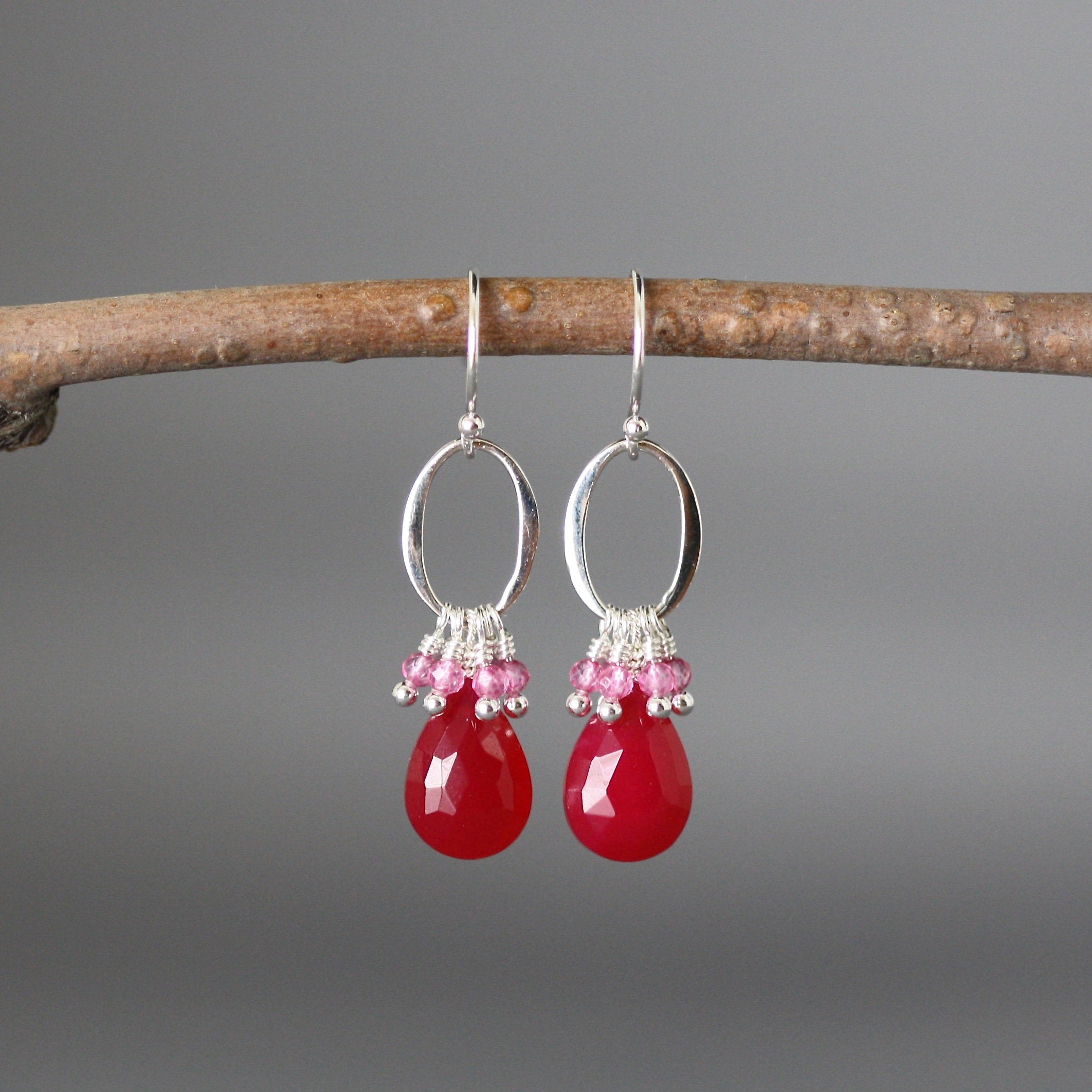 Magenta Chalcedony and Hot Pink Quartz Earrings on Bali Sterling Silver Links