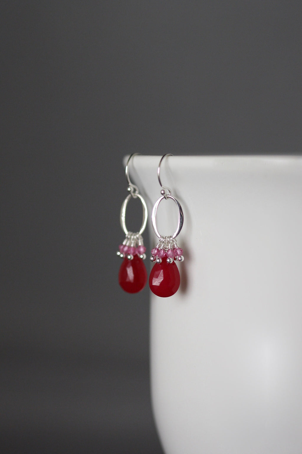 Magenta Chalcedony and Hot Pink Quartz Earrings on Bali Sterling Silver Links