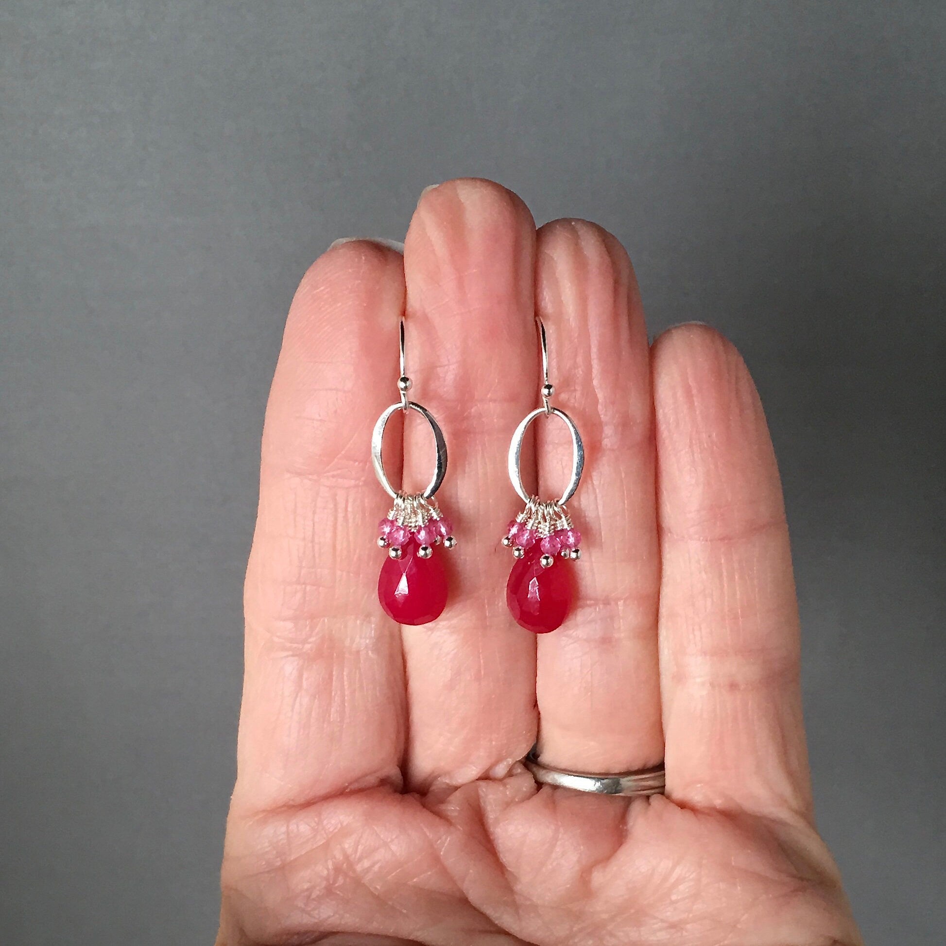 Magenta Chalcedony and Hot Pink Quartz Earrings on Bali Sterling Silver Links
