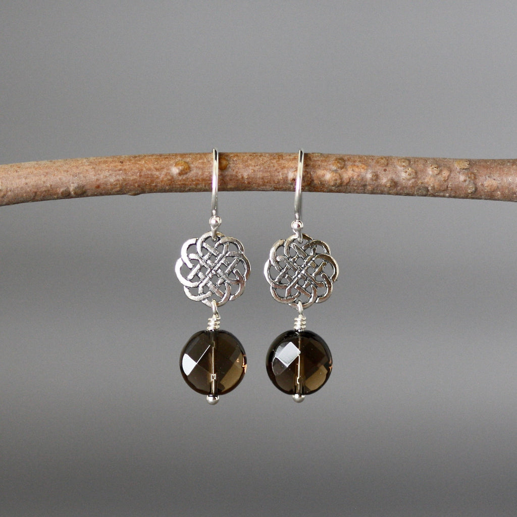Smokey Quartz Coin Earrings on Bali Sterling Silver Celtic Knot Links