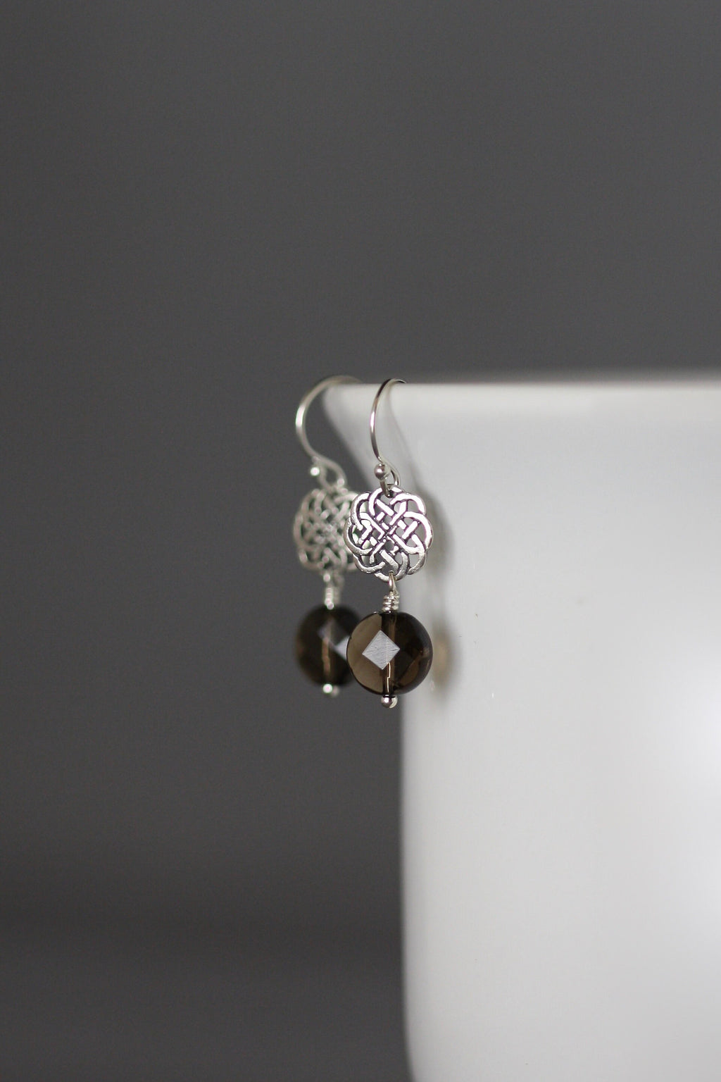 Smokey Quartz Coin Earrings on Bali Sterling Silver Celtic Knot Links