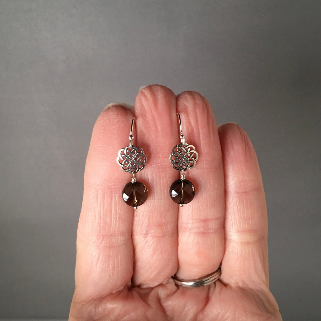 Smokey Quartz Coin Earrings on Bali Sterling Silver Celtic Knot Links