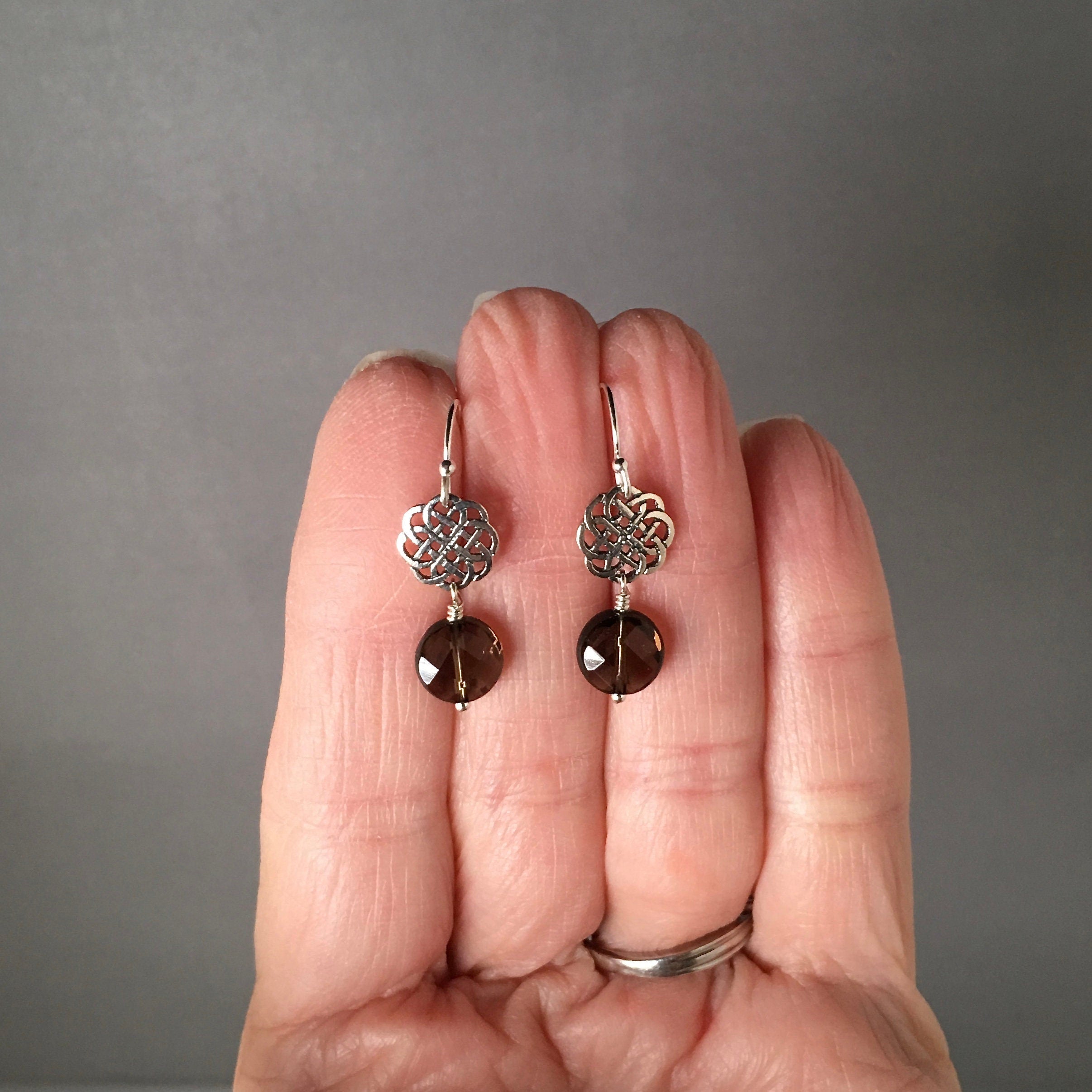 Smokey Quartz Coin Earrings on Bali Sterling Silver Celtic Knot Links