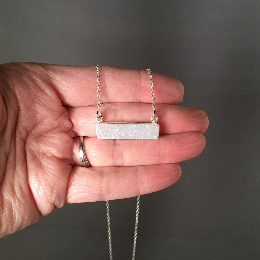 White Druzy Quartz Bar Pendant Necklace in Sterling Silver