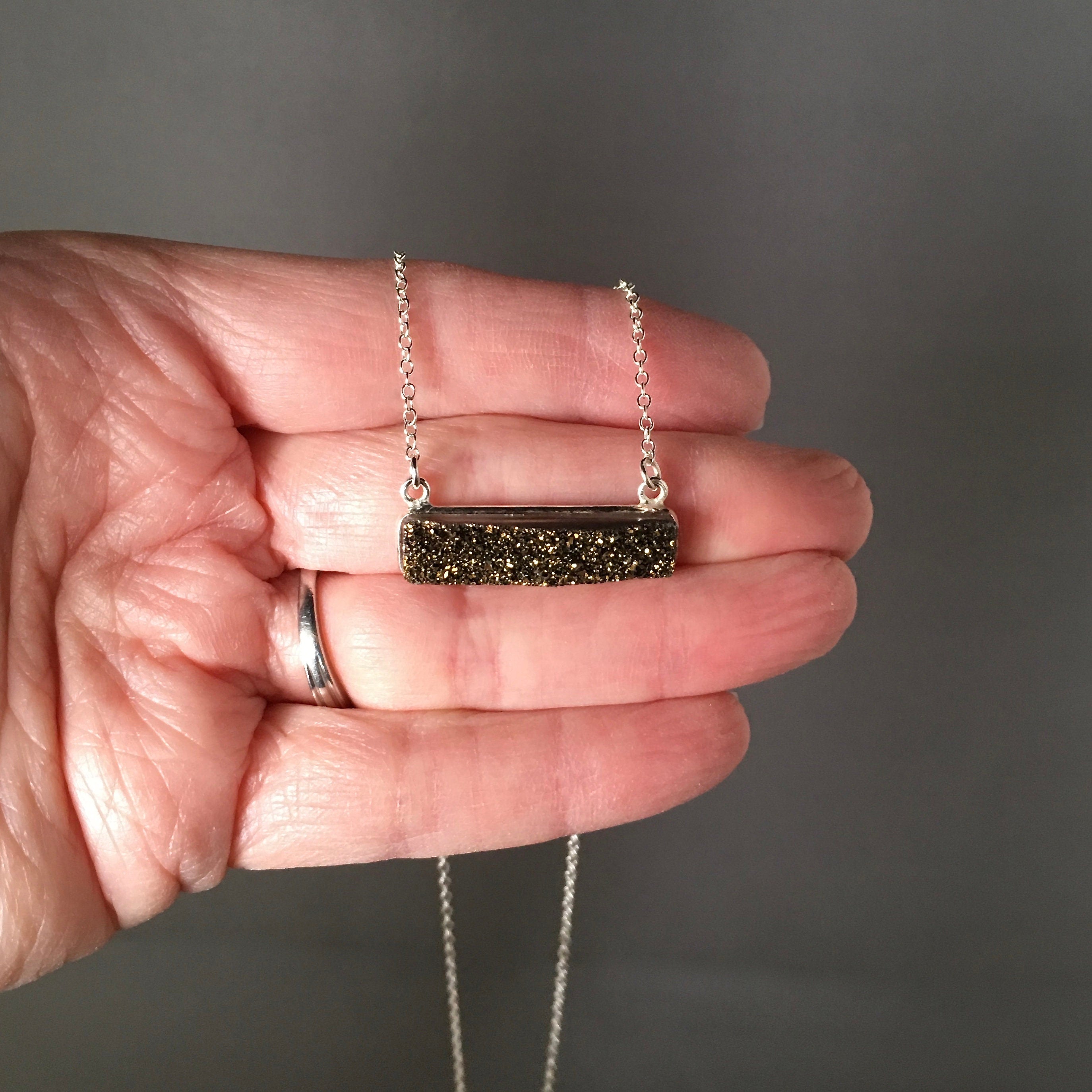 Bronze Druzy Quartz Horizontal Bar Pendant Necklace in Sterling Silver