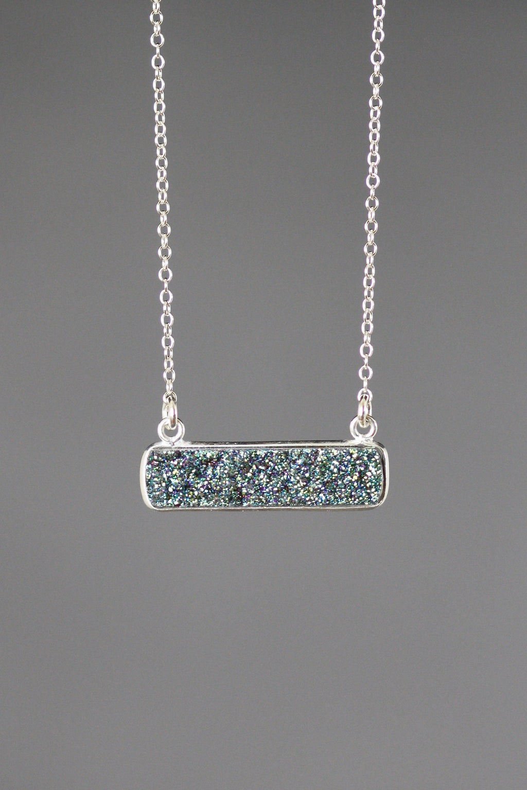 Emerald Green Druzy Quartz Bar Pendant Necklace in Sterling Silver