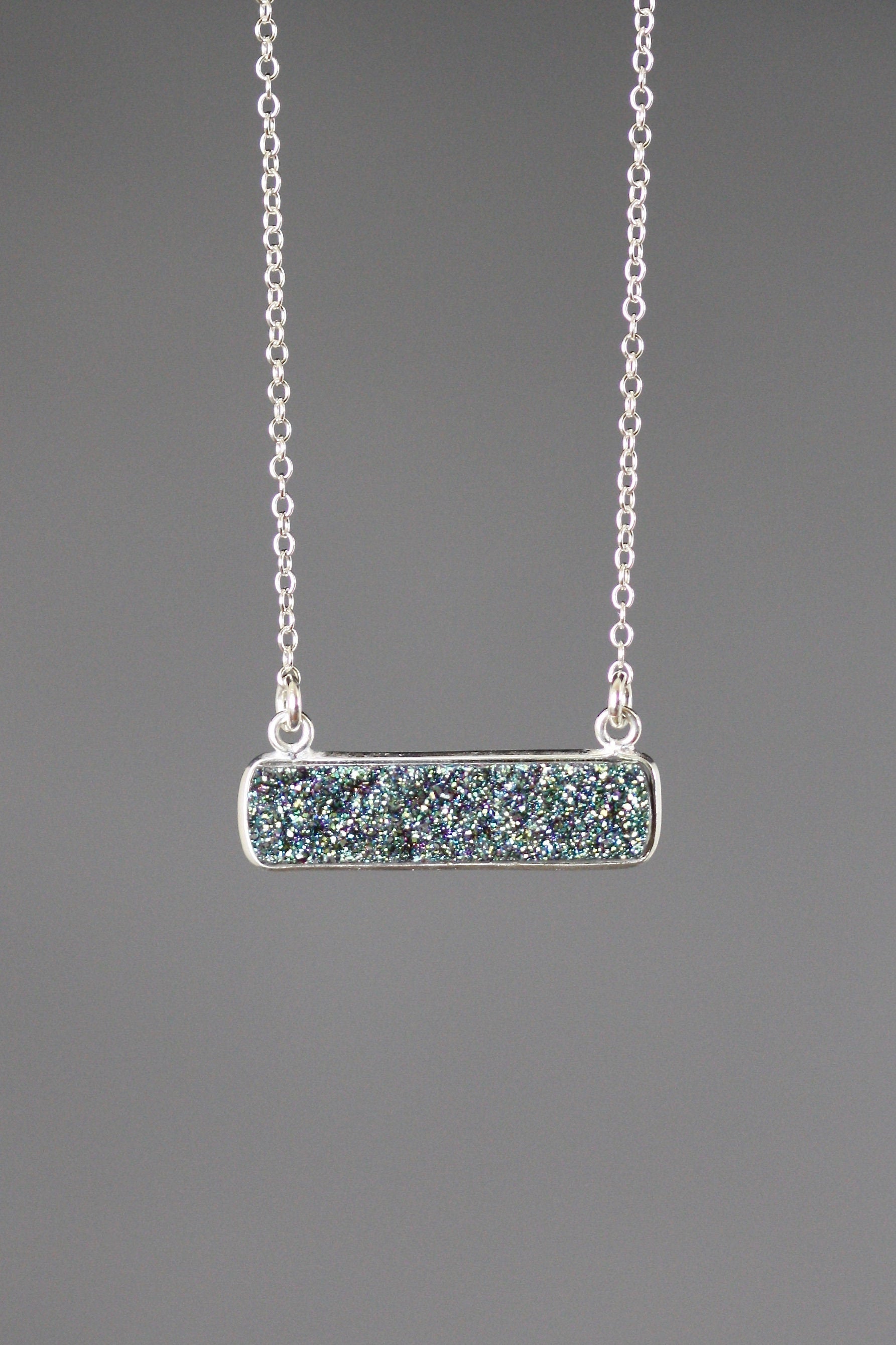 Emerald Green Druzy Quartz Bar Pendant Necklace in Sterling Silver